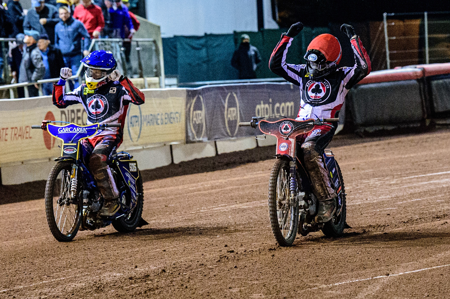 Robert Lambert  (left) and Brady Kurtz  celebrate the Aces win in the first leg during the SGB Premiership Grand Final 1st leg between Belle Vue Aces and Sheffield Tigers at the National Speedway Stadium, Manchester on Monday 10th October 2022. (Credit: Ian Charles | MI News)