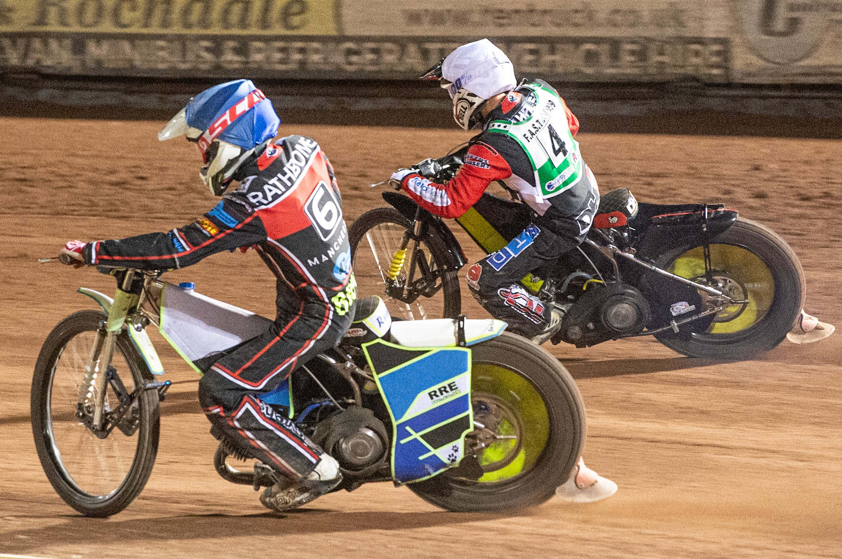 Photo: Ian Charles

Ben Rathbone  (Blue) passes Dan Halsey  (White) on the inside 

Belle Vue Colts v Cradley Heathens, SGB National League, Belle Vue National Speedway Stadium, Manchester, Thursday 29  August  2019