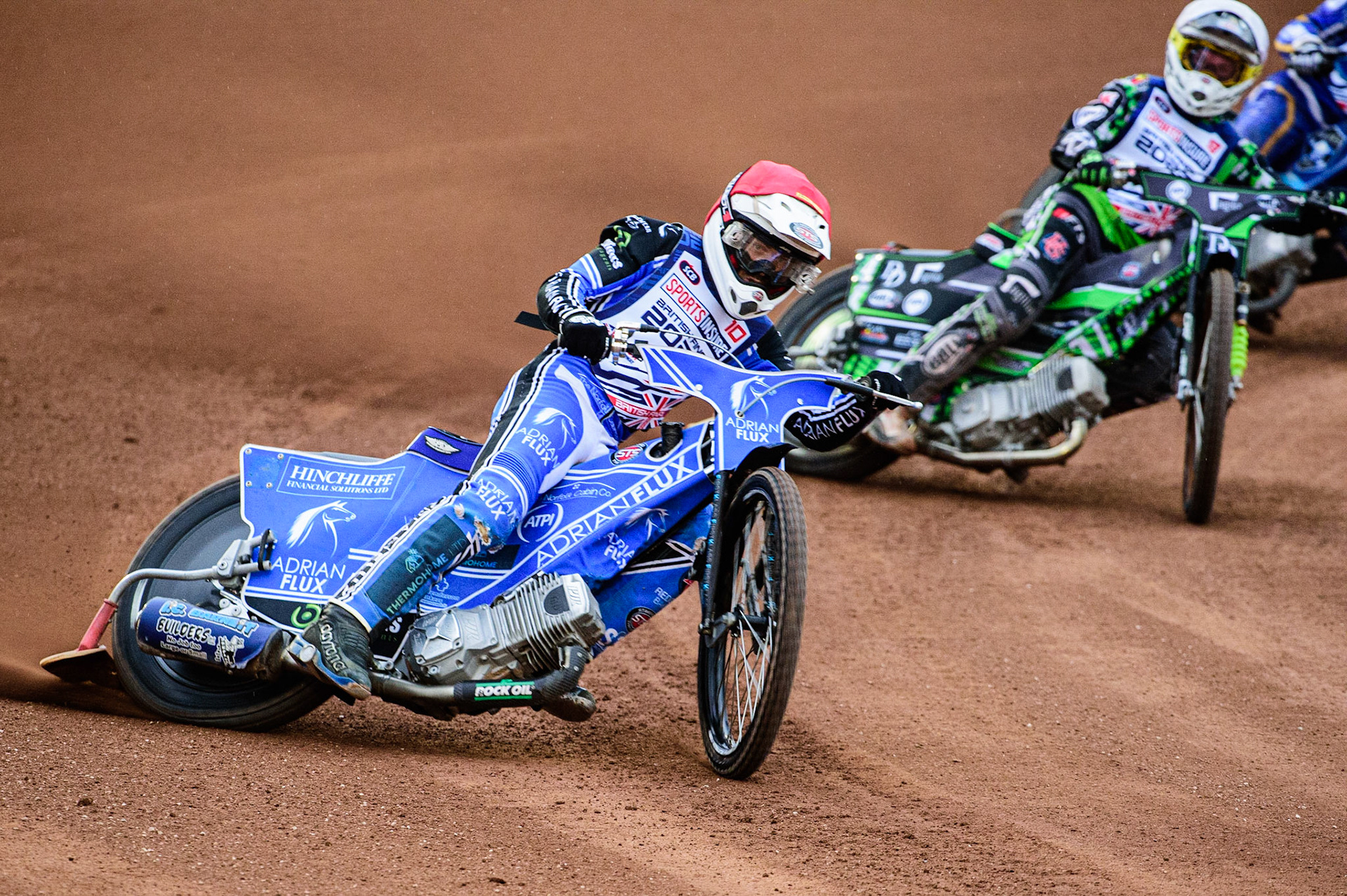 Lewis Kerr  (Red) leads Charles Wright  (White) during the Sports Insure British Speedway Championship Final at the National Speedway Stadium, Bellevue, Manchester, England on Monday 1st August 2022. (Photo by: Ian Charles | MI News)