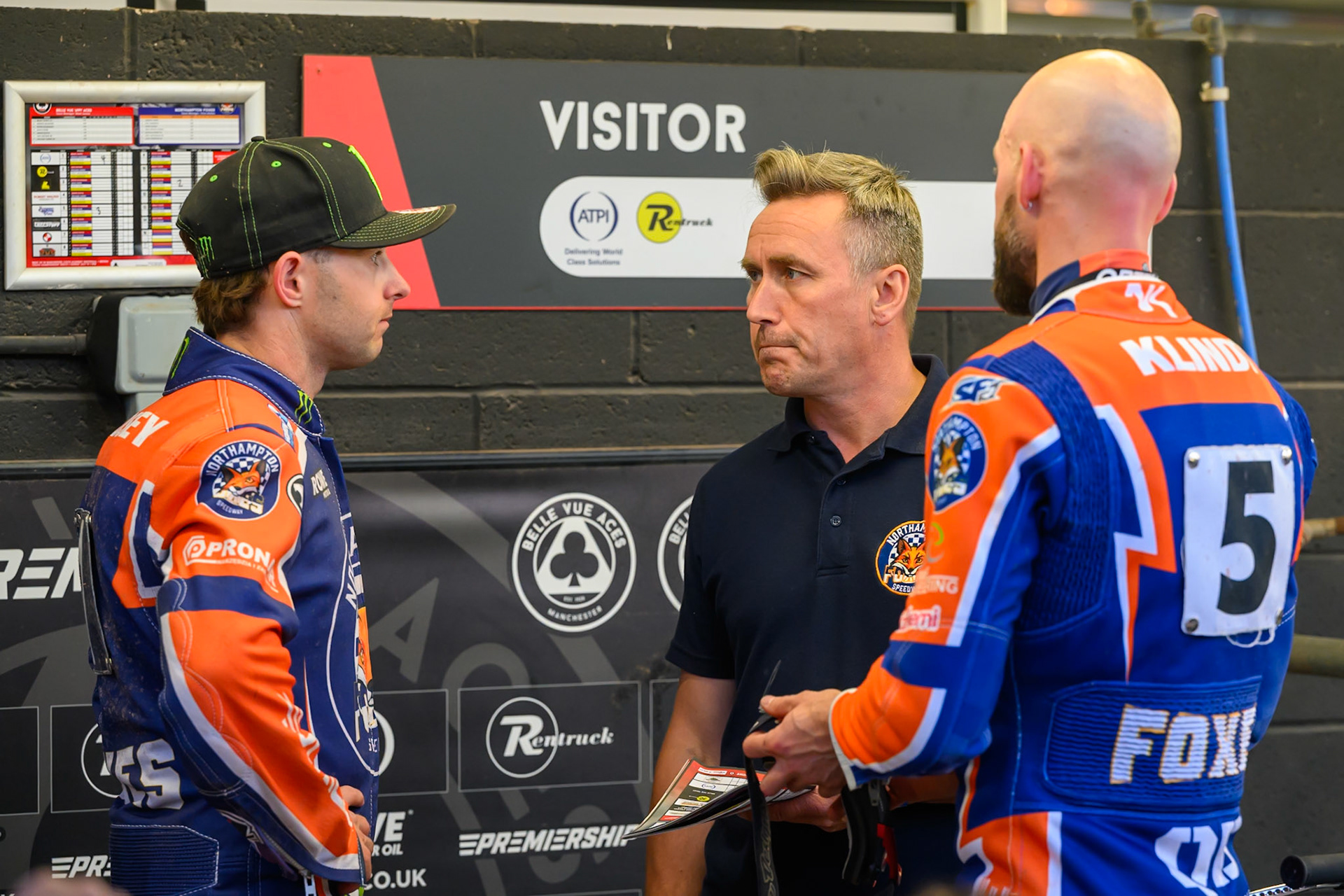 (L to R) Jaimon Lidsey of Northampton Foxes , Chris Adams, Team Manager of Northampton Foxes and Nicolai Klindt of Northampton Foxes  talk tactics during the Rowe Motor Oil Premiership match between Belle Vue Aces and Northampton Foxes at the National Speedway Stadium, Manchester on Monday 13th July 2026. (Photo: Ian Charles | MI News)