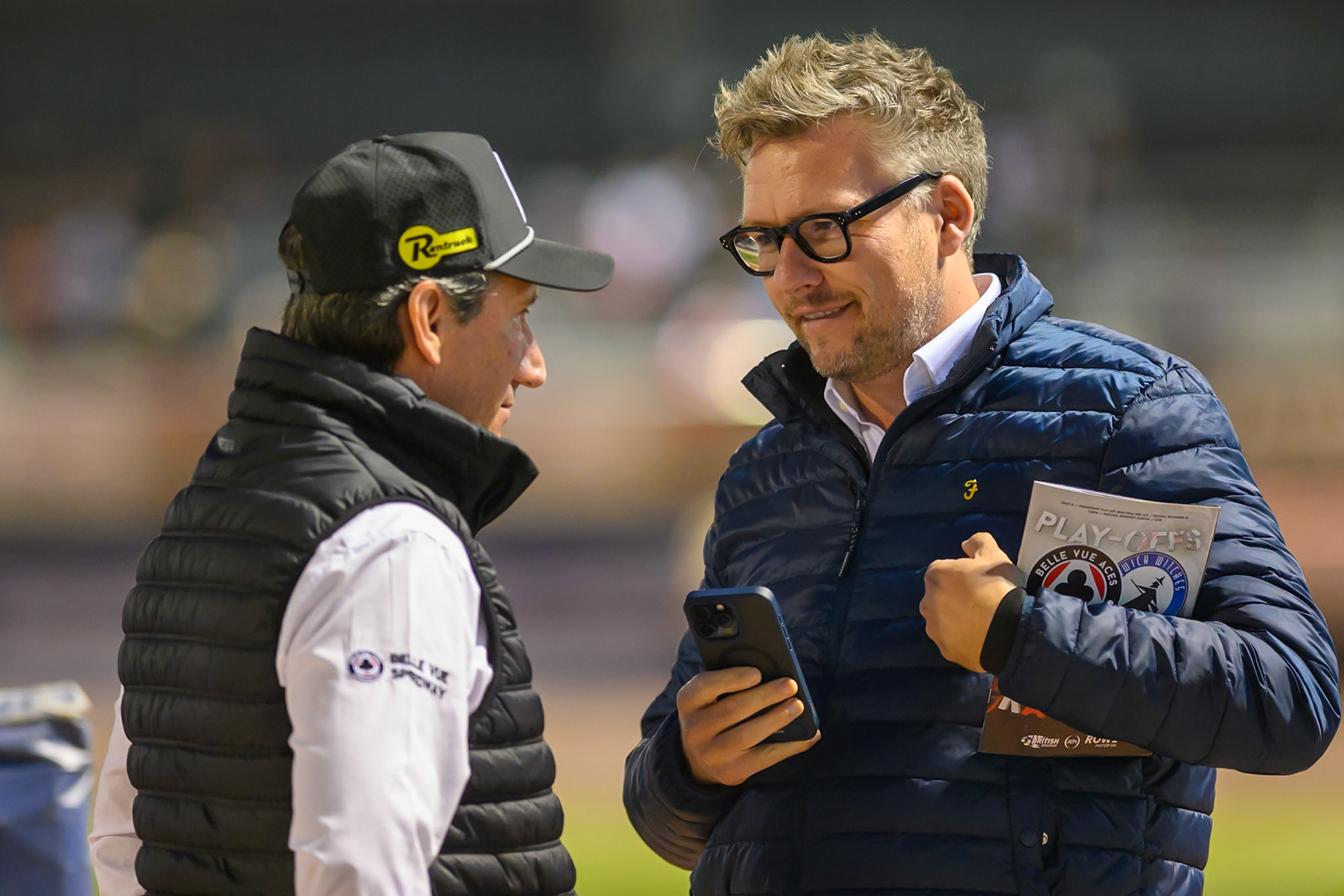 Mark Lemon, Team Manager of Belle Vue Aces (Left)  chats with Mayfield CEO Richard Coleman during the Rowe Motor Oil Premiership Play Off Semi Final 2nd leg match between Belle Vue Aces and Ipswich Witches at the National Speedway Stadium, Manchester on Monday 28th September 2026. (Photo: Ian Charles | MI News)