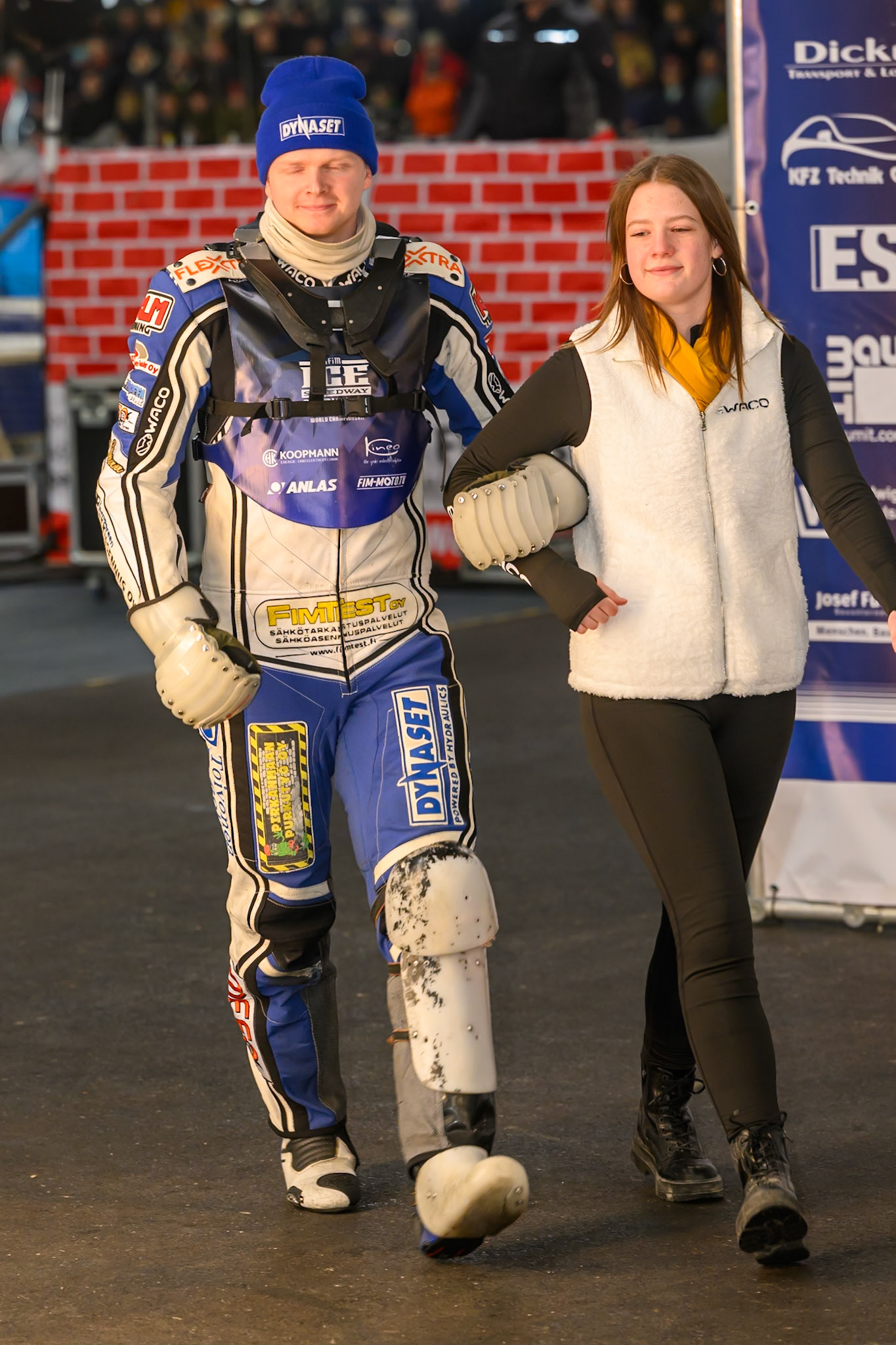 Max Koivula (24) of Finland is accompanied by a start girl  during the Ice Speedway Gladiators World Championship Final 2 at Max-Aicher-Arena, Inzell on Sunday 15th March 2026. (Photo: Ian Charles | MI News)