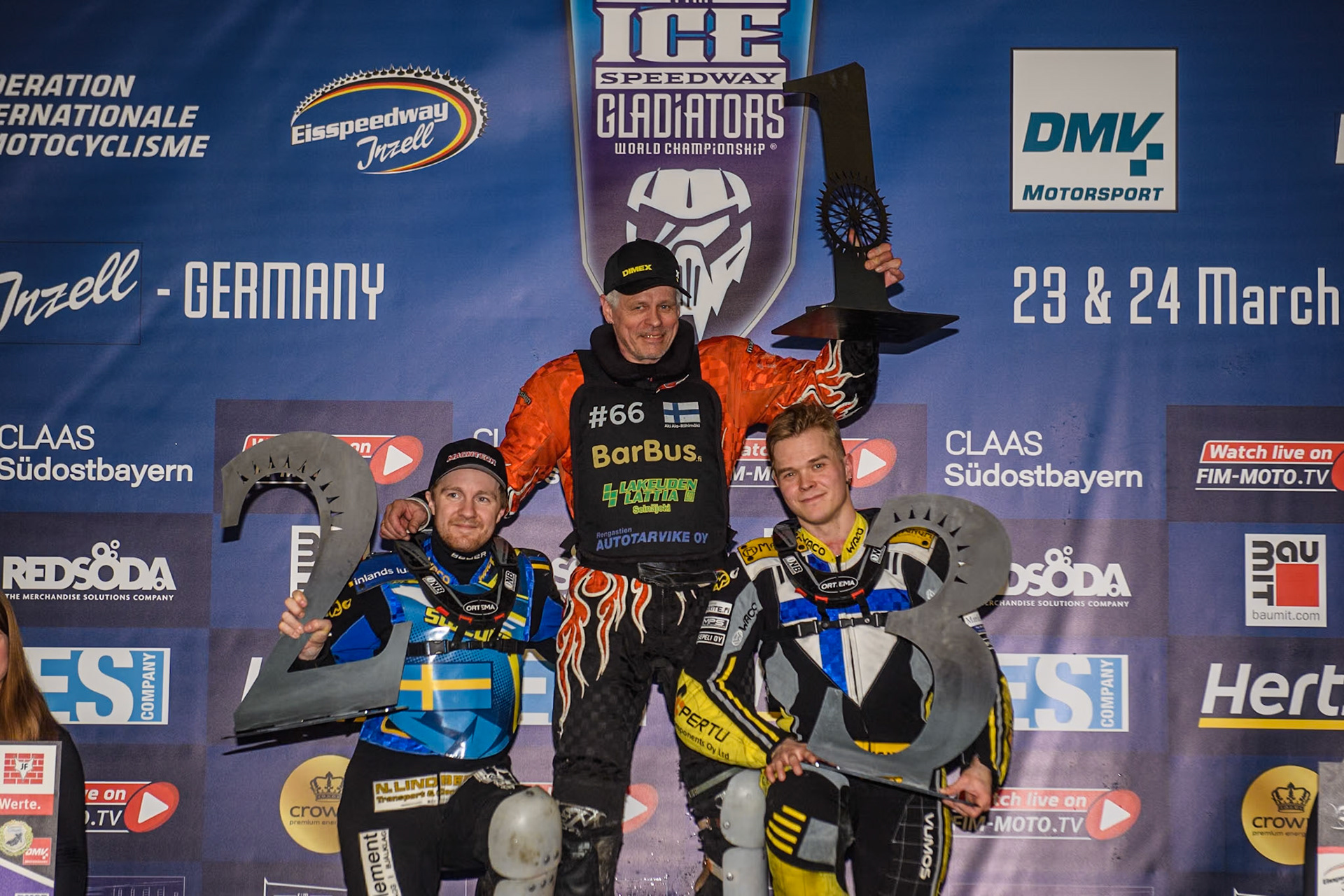 Sunday’s Top 3: (L to R) Sweden's Martin Haarahiltunen (2nd), Finland's Aki Ala-Riihimäki (1st), Finland's Heikki Huusko (3rd) during the FIM Ice Speedway Gladiators World Championship Final 2 at the Max-Aicher-Arena, Inzell on Sunday 24 March 2024. (Photo: Ian Charles | MI News)