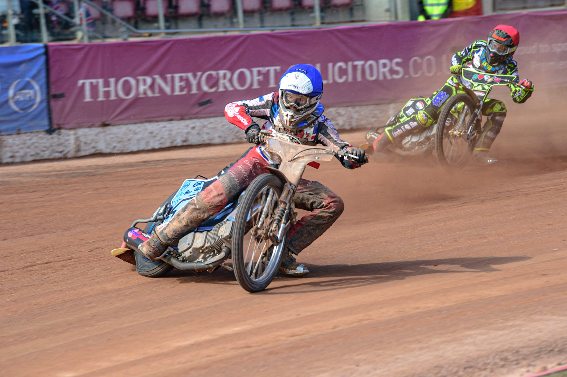 MANCHESTER, UK. JUN 3RD Sam McGurk (116) (Blue) leads Ace Pijper (696) (Red) during the British Youth Speedway Championship (Round 4)  at the National Speedway Stadium, Manchester on Friday 3rd June 2022. (Credit: Ian Charles | MI News)