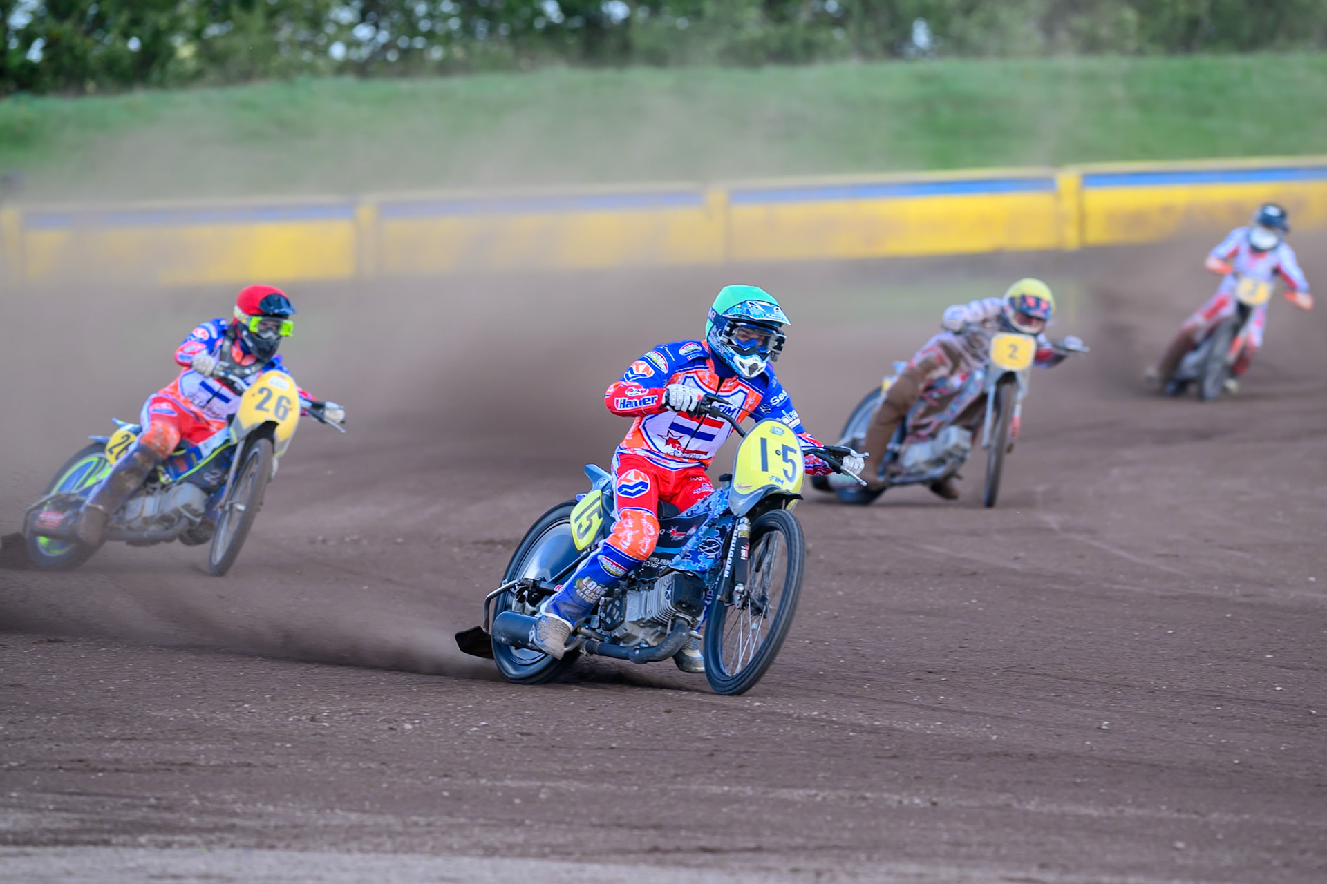 Dave Meijerink (15) of Netherlands in Green leading William Kruit (26) of Netherlands in Red Patrick Kruse (2) of Denmark in White  and Jacob Bukhave (3) of Denmark in Black &amp; White  during the FIM Long Track of Nations 2026 at the Speed Centre Roden in the Netherlands on Sunday 20th September 2026. (Photo: Ian Charles | MI News)