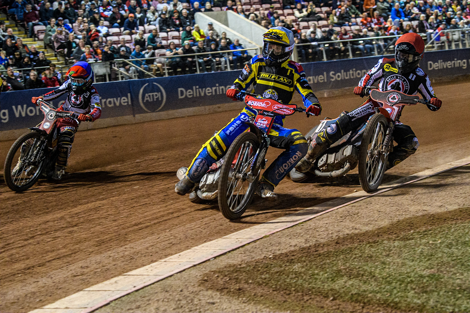 Tobiasz Musielak (White) leads Brady Kurtz (Red) and Dan Bewley (Blue) during the Sports Insure Premiership match between Belle Vue Aces and Sheffield Tigers at the National Speedway Stadium, Manchester on Monday 7th August 2023. (Photo: Ian Charles | MI News)