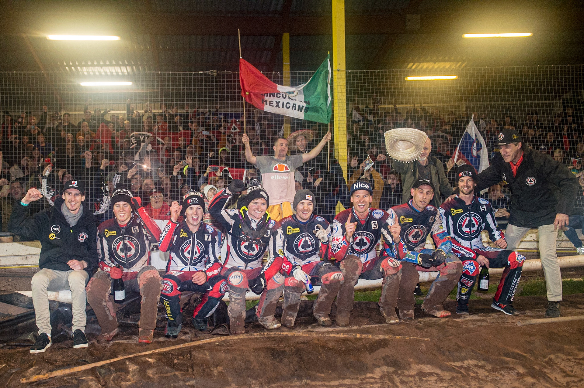 The Belle Vue ATPI Aces celebrate as Premiership Champions 2022 during the SGB Premiership Grand Final 2nd Leg between Sheffield Tigers and Belle Vue Aces at Owlerton Stadium, Sheffield on Thursday 13th October 2022. (Credit: Ian Charles | MI News)