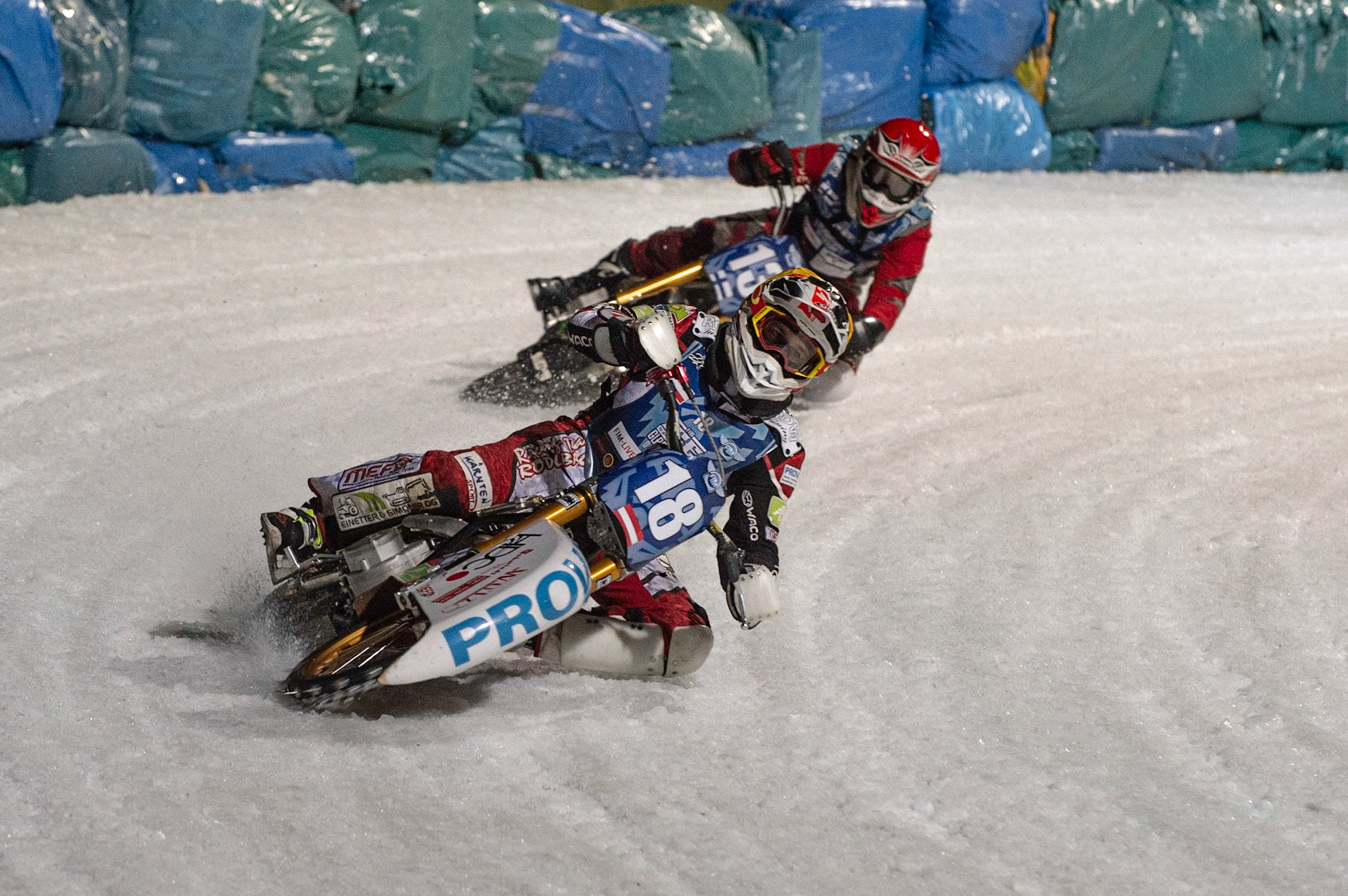 BERLIN GERMANY  - February 29  Charly Ebner (Yellow) leads Matti Isoaho (Red)  during theIce Speedway of Nations (Day 1) at the Horst-Dohm-Eisstadion, Berlin,  on Saturday 29 February 2020. (Credit: Ian Charles | MI News)