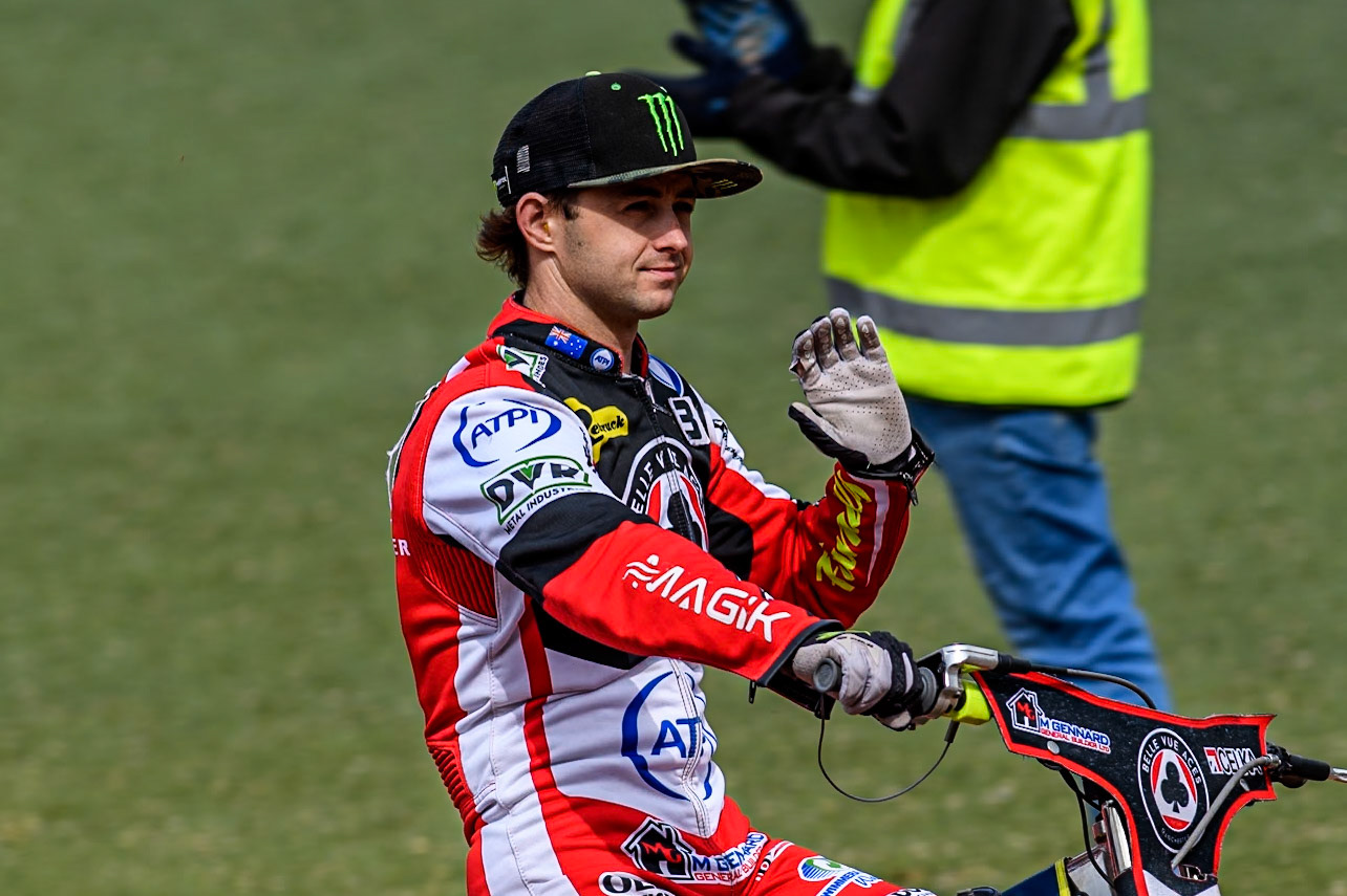 Belle Vue Aces' Jaimon Lidsey on the parade lap during the Rowe Motor Oil Premiership match between Belle Vue Aces and Sheffield Tigers at the National Speedway Stadium, Manchester on Monday 26th August 2024. (Photo: Ian Charles | MI News)