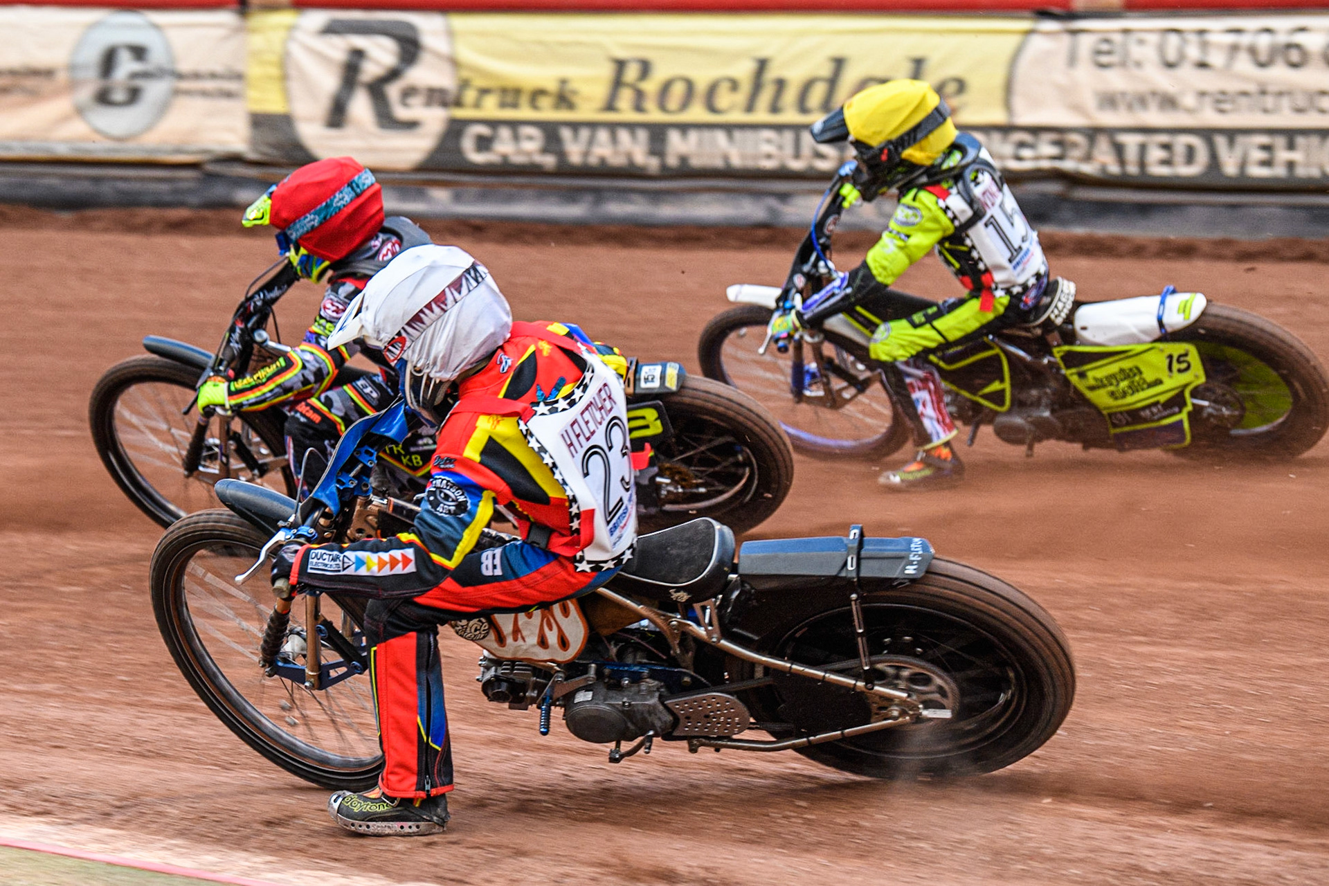 Harry Fletcher  (White) chases Archie Rolph  (Red) and Oliver Bovington  (Yellow) during the British Youth Championships at the National Speedway Stadium, Manchester on Friday 12th May 2023. (Photo: Ian Charles | MI News)