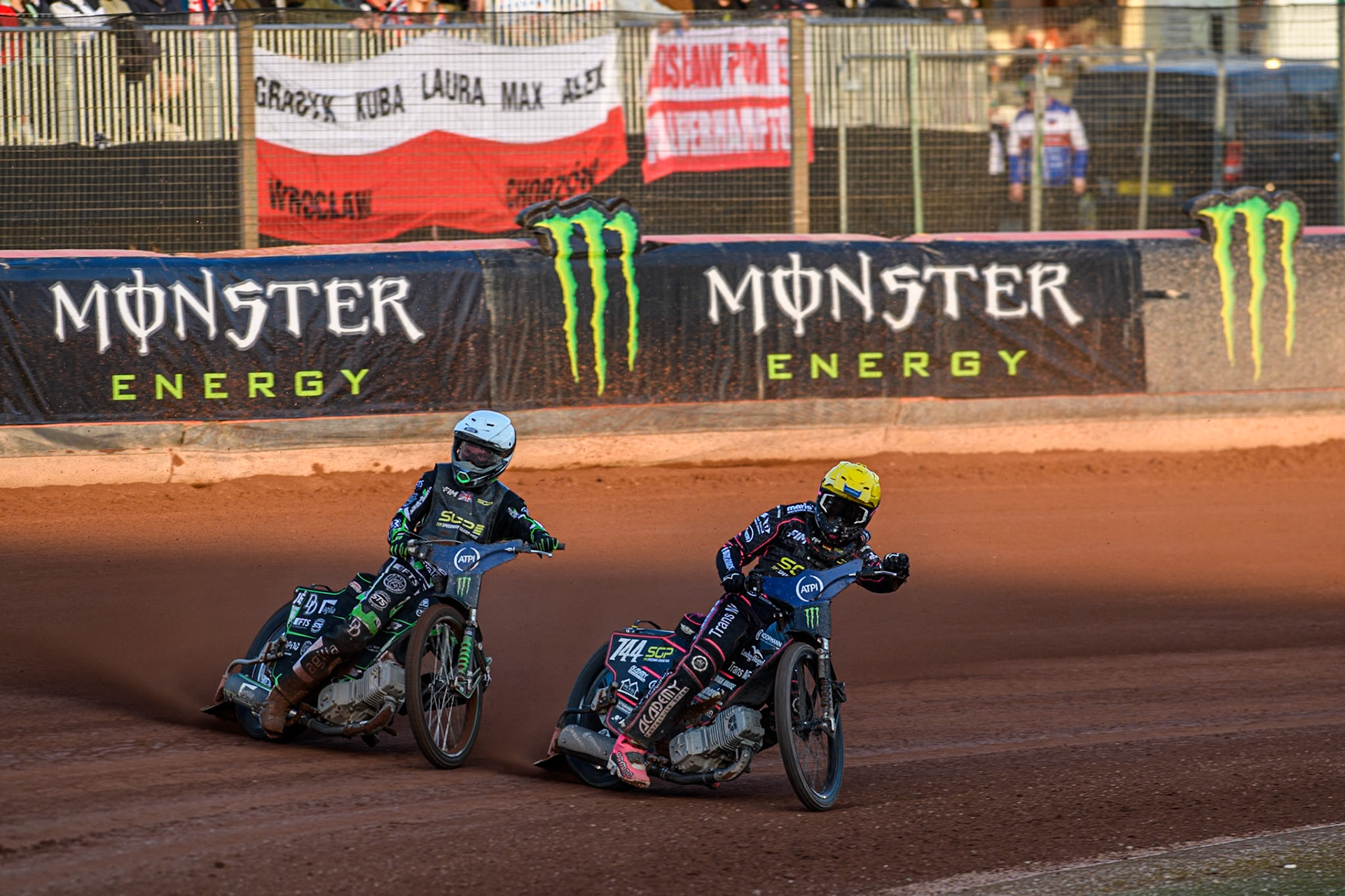 Kai Huckenbeck (744) of Germany in Yellow leading Wild Card Charles Wright (16) of Great Britain in White during the ATPI FIM Speedway Grand Prix Round 5 at the National Speedway Stadium, Manchester, on Saturday 14th June 2025. (Photo: Ian Charles | MI News)