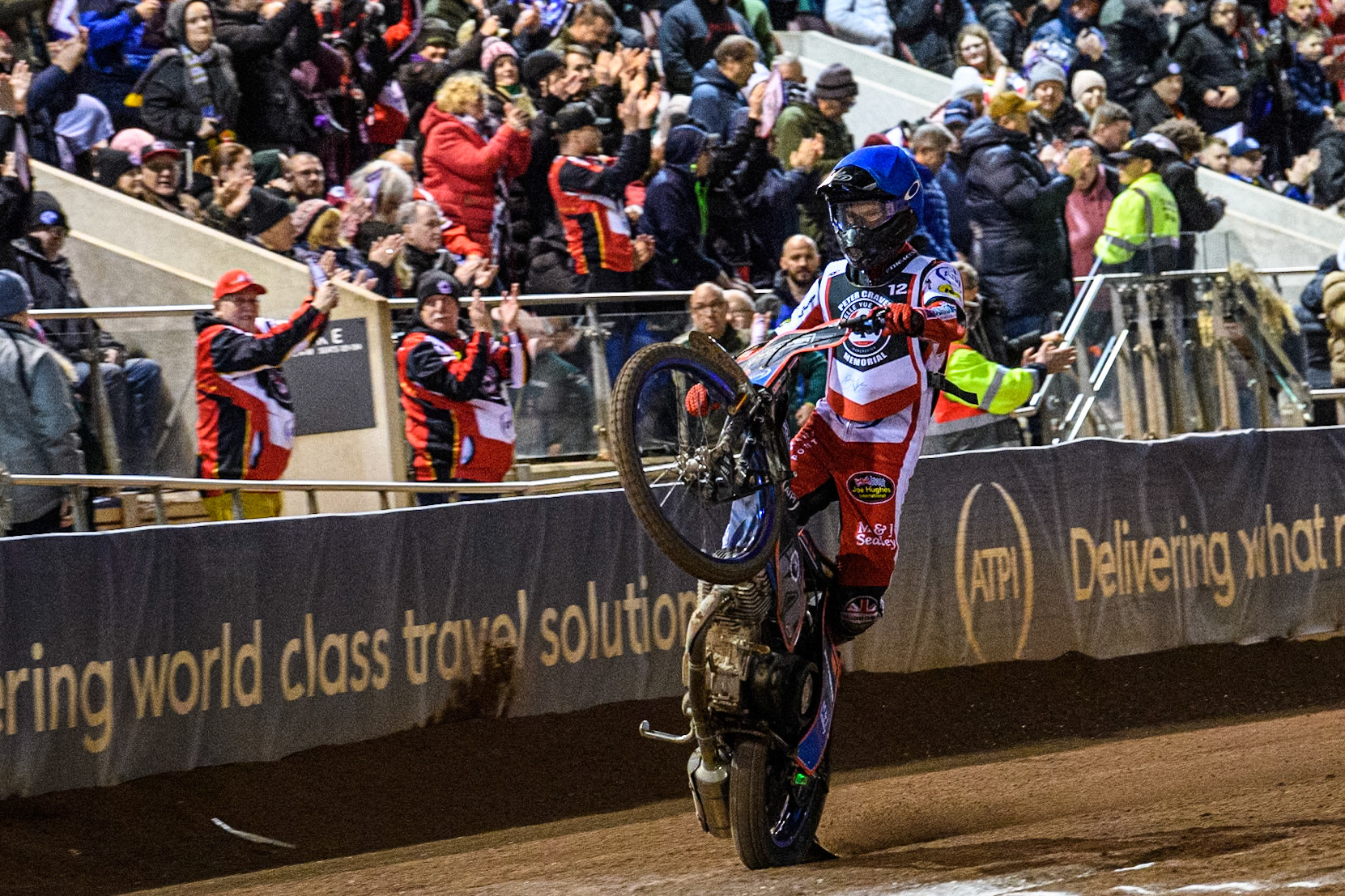 Australia's Brady Kurtz celebrates his win with a wheelie during the Peter Craven Memorial Trophy meeting at the National Speedway Stadium, Manchester on Monday 18th March 2024. (Photo: Ian Charles | MI News)