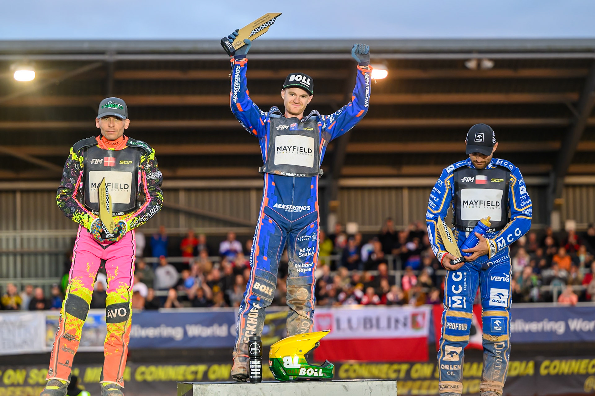 (L to R): Michael Jepsen Jensen (2nd), Brady Kurtz (Winner), Bartosz Zmarzlik (3rd)  during the ATPI  FIM Speedway GP of Manchester at the National Speedway Stadium, Manchester on Saturday 6th June 2026. (Photo: Ian Charles | MI News)