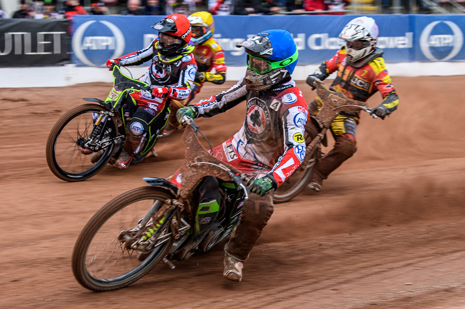 Charles Wright   (Blue) inside Dan Thompson  (White), Tom Brennan  (Red) and Max Fricke  (Yellow) during the SGB Premiership match between Belle Vue Aces and Leicester Lions at the National Speedway Stadium, Manchester on Monday 1st May 2023. (Photo: Ian Charles | MI News)