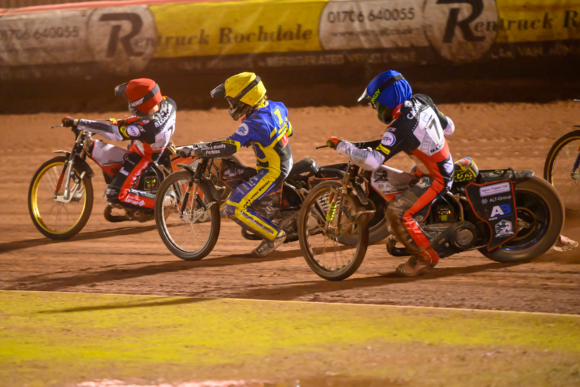 Will Cairns of Belle Vue Aces in Blue chases Luke Killeen of Sheffield Tigers in Yellow  and Norick Blodorn of Belle Vue Aces in Red during the Rowe Motor Oil Premiership Grand Final 2nd Leg between Belle Vue Aces and Sheffield Tigers at the National Speedway Stadium, Manchester on Friday 16th October 2026. (Photo: Ian Charles | MI News)