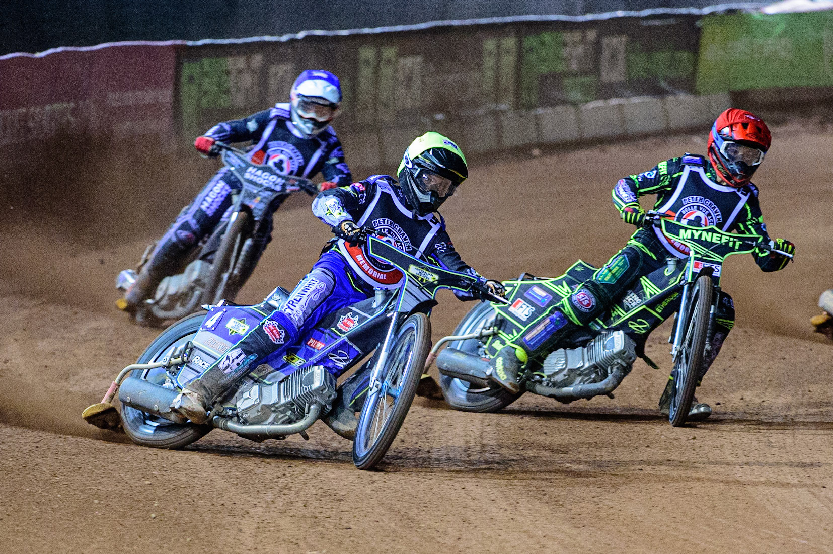 MANCHESTER, UK. OCT 23RD  Ryan Douglas  (Yellow) leads Jye Etheridge  (Red) and Broc Nicol  (Blue) during the Peter Craven Memorial Trophy event at the National Speedway Stadium, Manchester on Saturday 23rd October 2021. (Credit: Ian Charles | MI News)