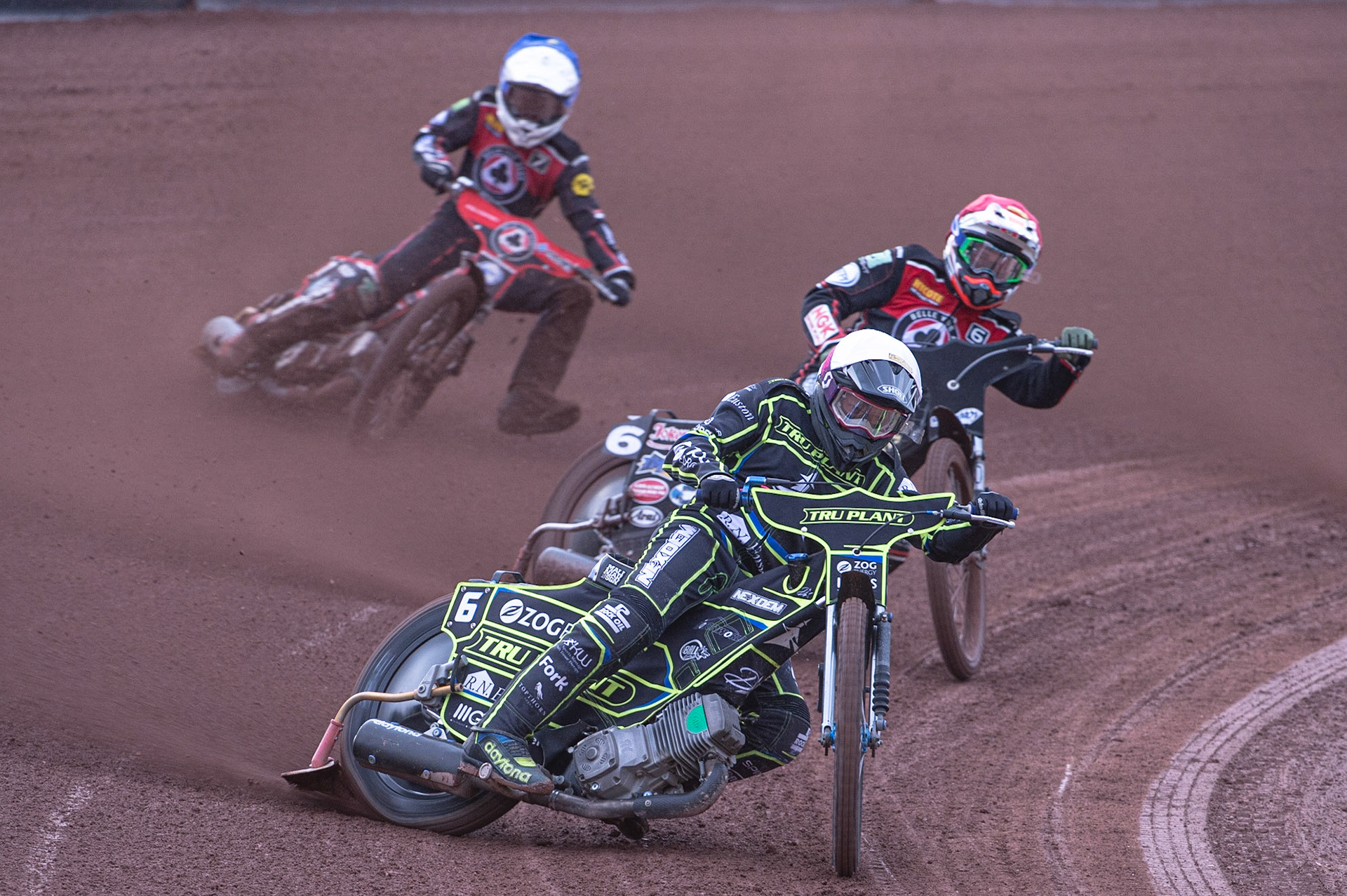 Photo: Ian Charles

Cameron Heeps  (White) leads Ricky Wells  (Red) and Jaimon Lidsey (Blue)

Belle Vue Aces v Ipswich Witches, British Speedway Premiership, Belle Vue National Speedway Stadium, Manchester, Monday 3  June  2019