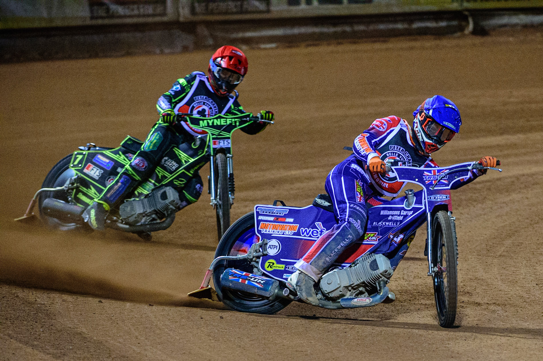 MANCHESTER, UK. OCT 23RD  Jordan Palin  (Blue) leads Jye Etheridge  (Red) during the Peter Craven Memorial Trophy event at the National Speedway Stadium, Manchester on Saturday 23rd October 2021. (Credit: Ian Charles | MI News)