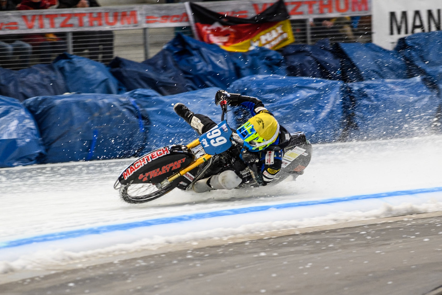 Sweden's Martin Haarahiltunen (199)  gets into difficulty and manages to correct it during the FIM Ice Speedway Gladiators World Championship Final 2 at the Max-Aicher-Arena, Inzell on Sunday 24 March 2024. (Photo: Ian Charles | MI News)