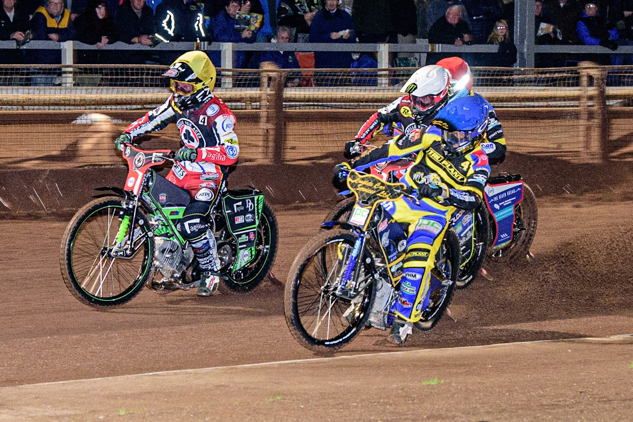 Kyle Howarth  (Blue) inside Jaimon Lidsey  (White) and Charles Wright  (Yellow) with Adam Ellis  (Red) behind during the Sheffield Tigers vs Belle Vue Aces meeting in the SGP Premiership at Owlerton Stadium, Sheffield on Thursday 23rd March 2023. (Photo: Ian Charles | MI News)