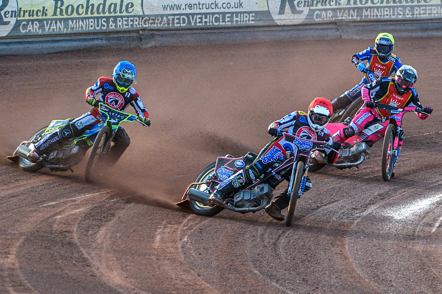 Paul Bowen (Red) leads Luke Muff (Blue), Sam Woolley (White) and Rhys Naylor (Yellow) during the National Development League match between Belle Vue Colts and Kent Royals at the National Speedway Stadium, Manchester on Friday 7th July 2023. (Photo: Ian Charles | MI News)