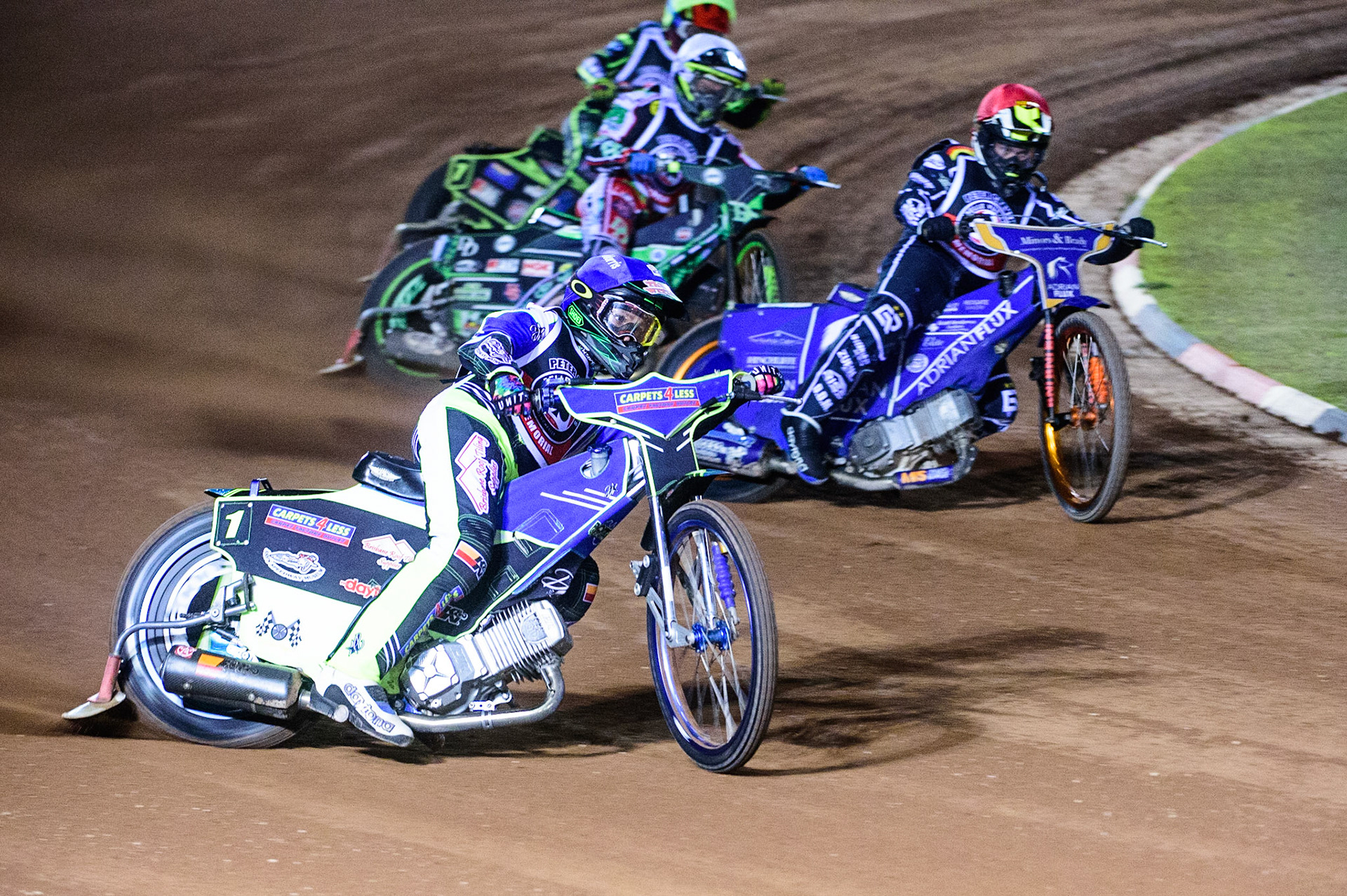 MANCHESTER, UK. OCT 23RD  Nick Morris  (Blue) outside Erik Riss  (Red) with Charles Wright  (White) and Jye Etheridge  (Yellow) behind during the Peter Craven Memorial Trophy event at the National Speedway Stadium, Manchester on Saturday 23rd October 2021. (Credit: Ian Charles | MI News)