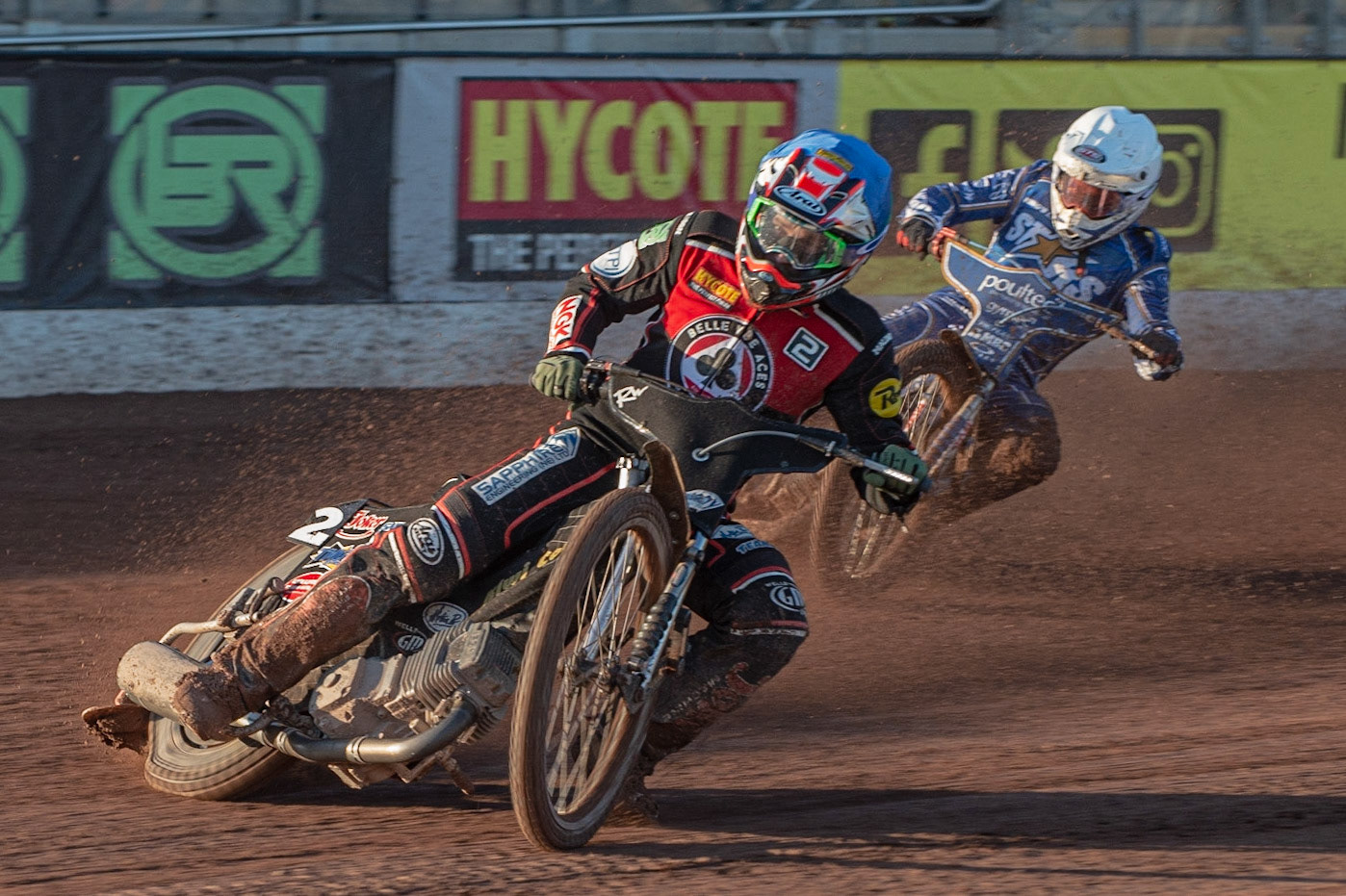 Photo: Ian Charles

​Ricky Wells​​  (Blue) leads ​Robert Lambert  (White)

Belle Vue Aces v Kings Lynn Stars, British Speedway Premiership, Belle Vue National Speedway Stadium, Manchester, Thursday 16  May  2019
