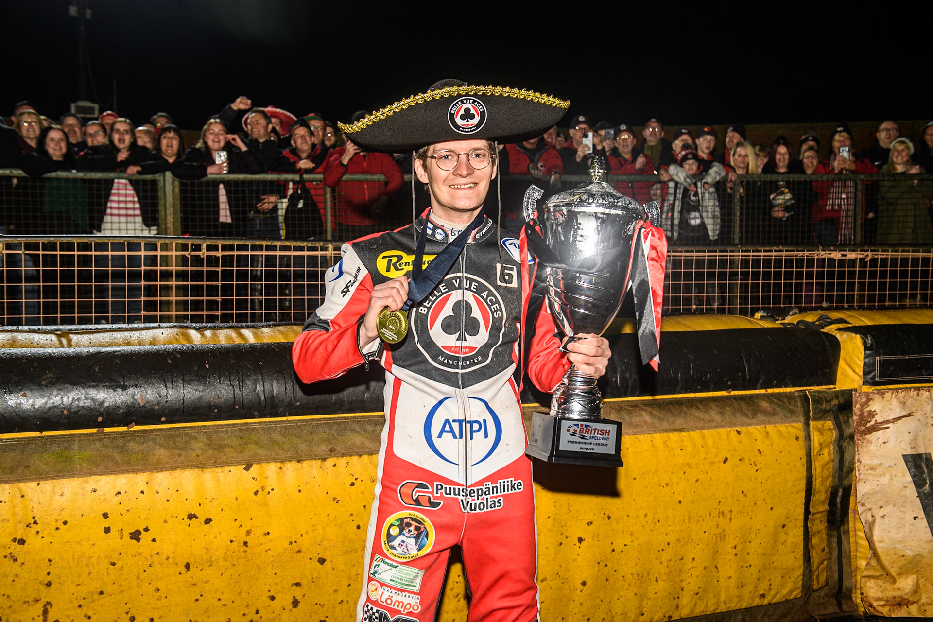 Belle Vue Aces' Antti Vuolas  celebrates with the trophy  during the Rowe Motor Oil Premiership Grand Final 2nd Leg between Leicester Lions and Belle Vue Aces at the Pidcock Motorcycles Arena, Leicester on Thursday 26th September 2024. (Photo: Ian Charles | MI News)