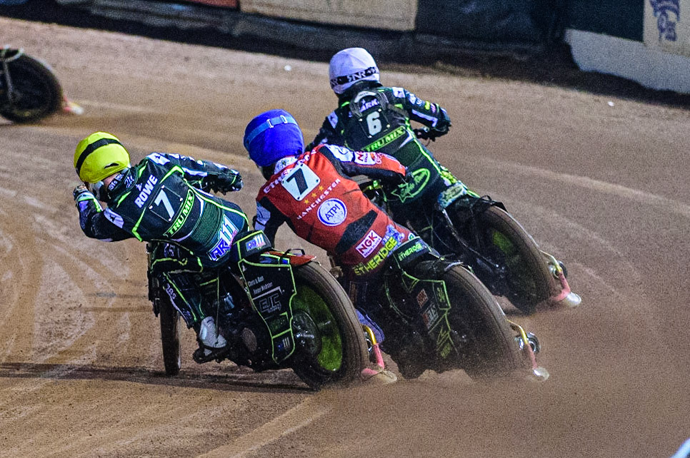 Jye Etheridge  (Blue) goes between Anders Rowe  (Yellow) and Paul Starke  (White) during the SGB Premiership Semi Final 2nd Leg between Belle Vue Aces and Ipswich Witches at the National Speedway Stadium, Manchester on Monday 3rd October 2022. (Credit: Ian Charles | MI News)
