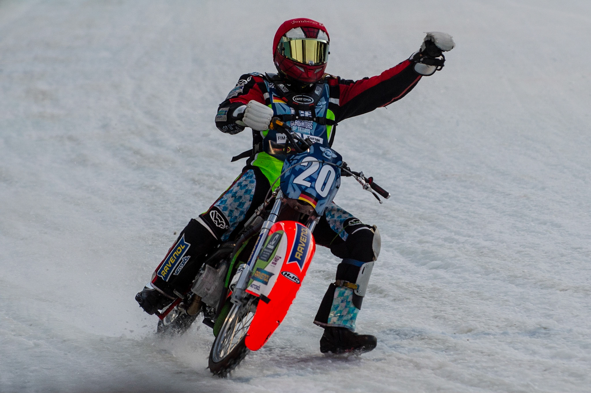 BERLIN GERMANY  - March 1  Johan Weber of Germany celebrates winning the Bronze Medal for Germany  during the Ice Speedway of Nations at the Horst-Dohm-Eisstadion, Berlin,  on Sunday 1 March 2020. (Credit: Ian Charles | MI News)