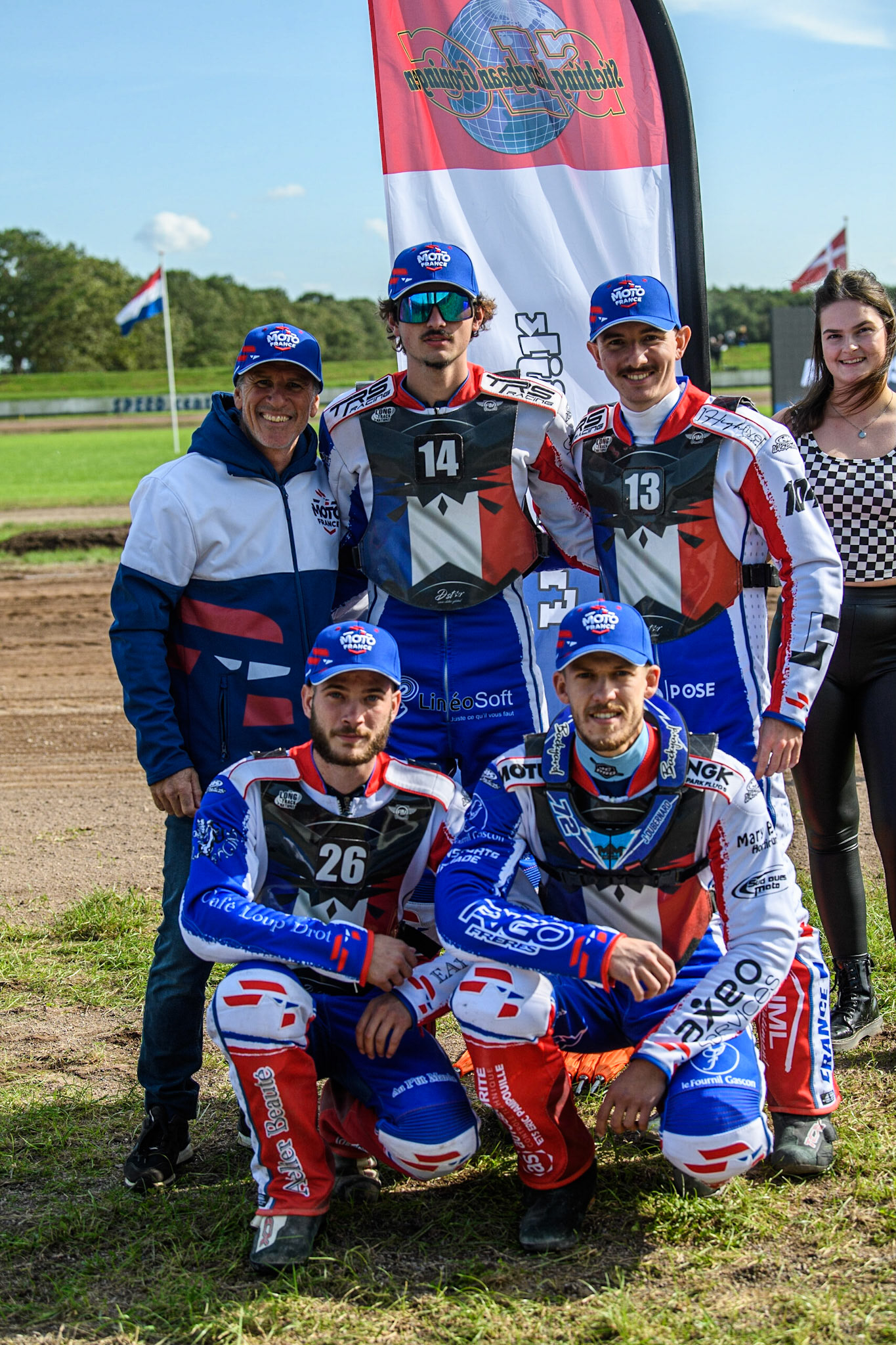 France: Rear (L to R) French Team Manager Laurent Sambarrey, Mathias Trésarrieu, Gaétan Stella, Kneeling: Steven Labouyrie, Jordan Dubernard, during the FIM Long Track Of Nations event at the Speed Centre Roden on Sunday 24th September 2023. (Photo: Ian Charles | MI News)