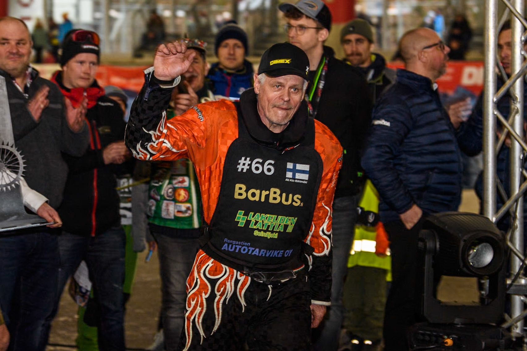 Finland's Aki Ala-Riihimäki acknowledges the cheers as he walks to the podium during the FIM Ice Speedway Gladiators World Championship Final 2 at the Max-Aicher-Arena, Inzell on Sunday 24 March 2024. (Photo: Ian Charles | MI News)