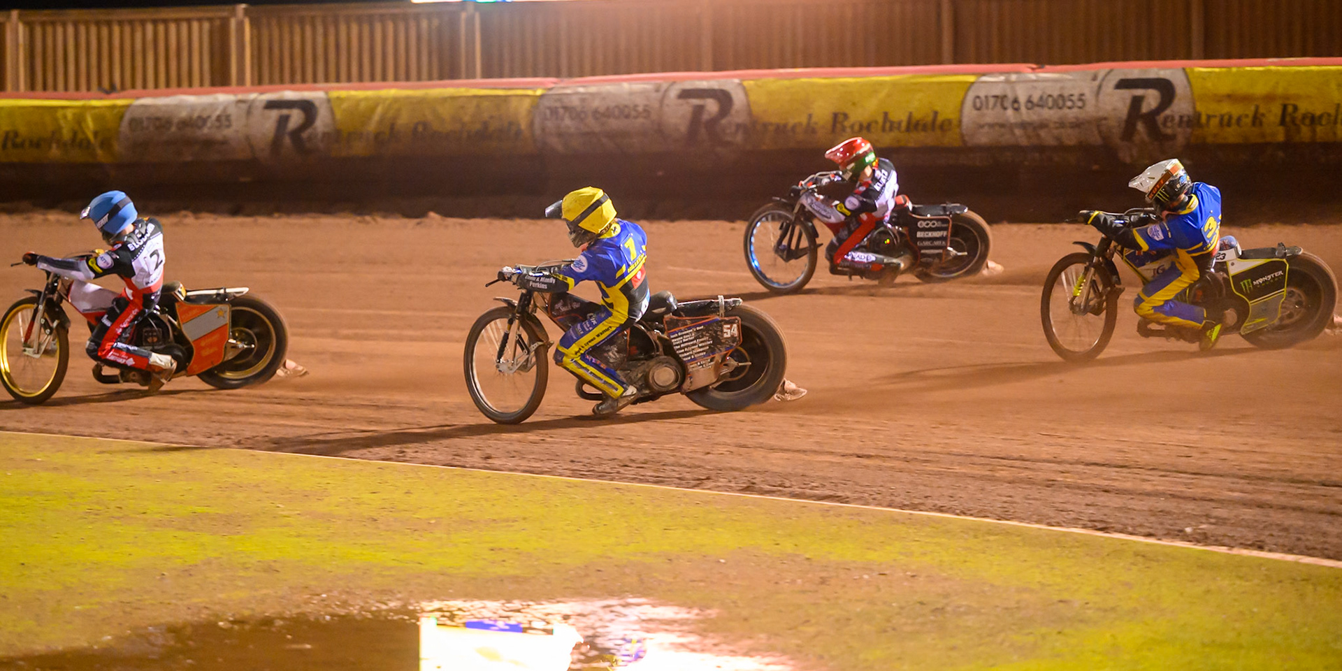 Chris Holder of Sheffield Tigers in White chases Luke Killeen of Sheffield Tigers in Yellow , Brady Kurtz of Belle Vue Aces  in Red  and Norick Blodorn of Belle Vue Aces in Blue  during the Rowe Motor Oil Premiership Grand Final 2nd Leg between Belle Vue Aces and Sheffield Tigers at the National Speedway Stadium, Manchester on Friday 16th October 2026. (Photo: Ian Charles | MI News)