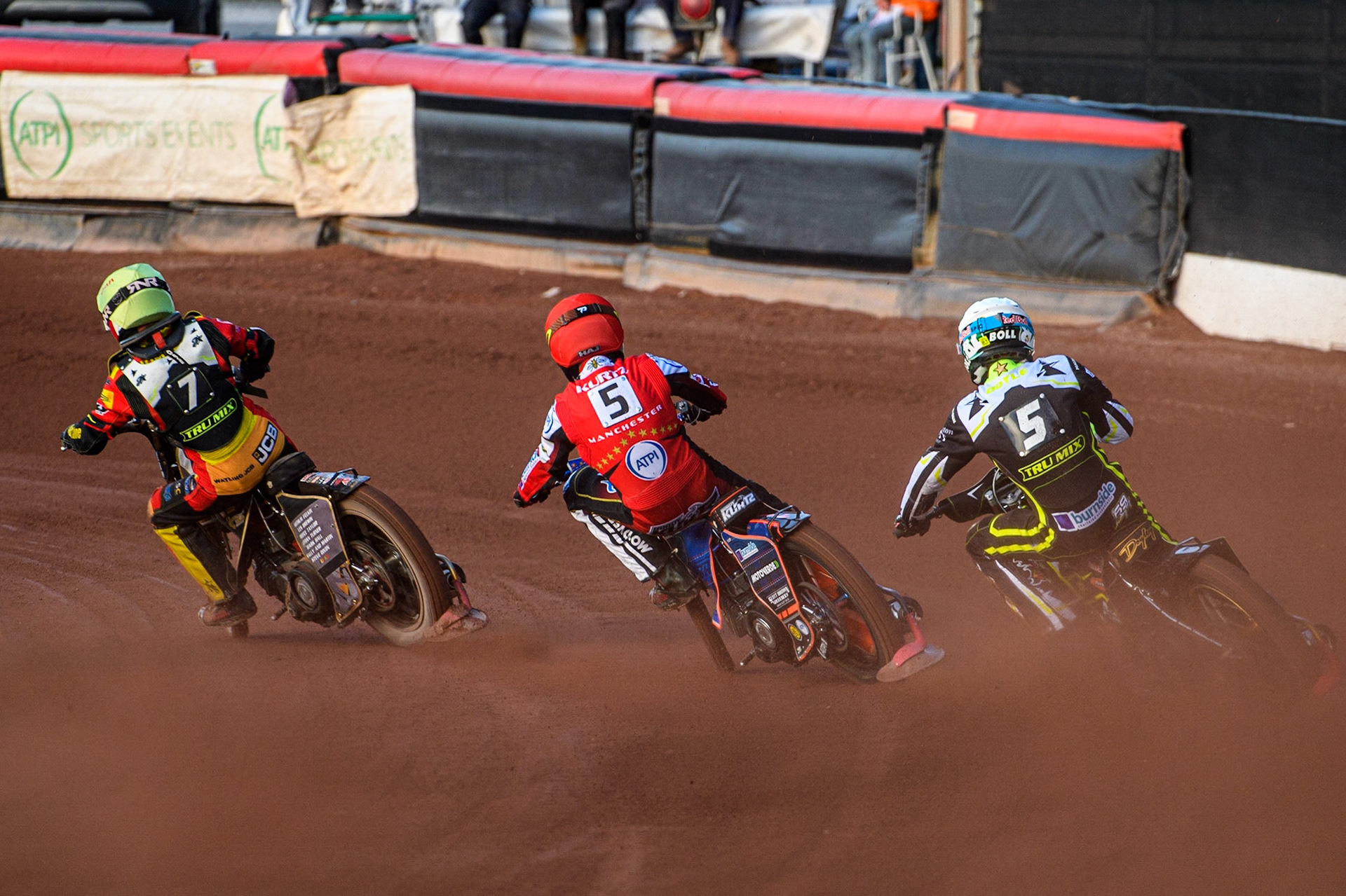 Brady Kurtz (Red) inside Jason Doyle (White) with Dan Thompson (Yellow) in front during the Sports Insure Premiership match between Belle Vue Aces and Ipswich Witches at the National Speedway Stadium, Manchester on Monday 17th July 2023. (Photo: Ian Charles | MI News)