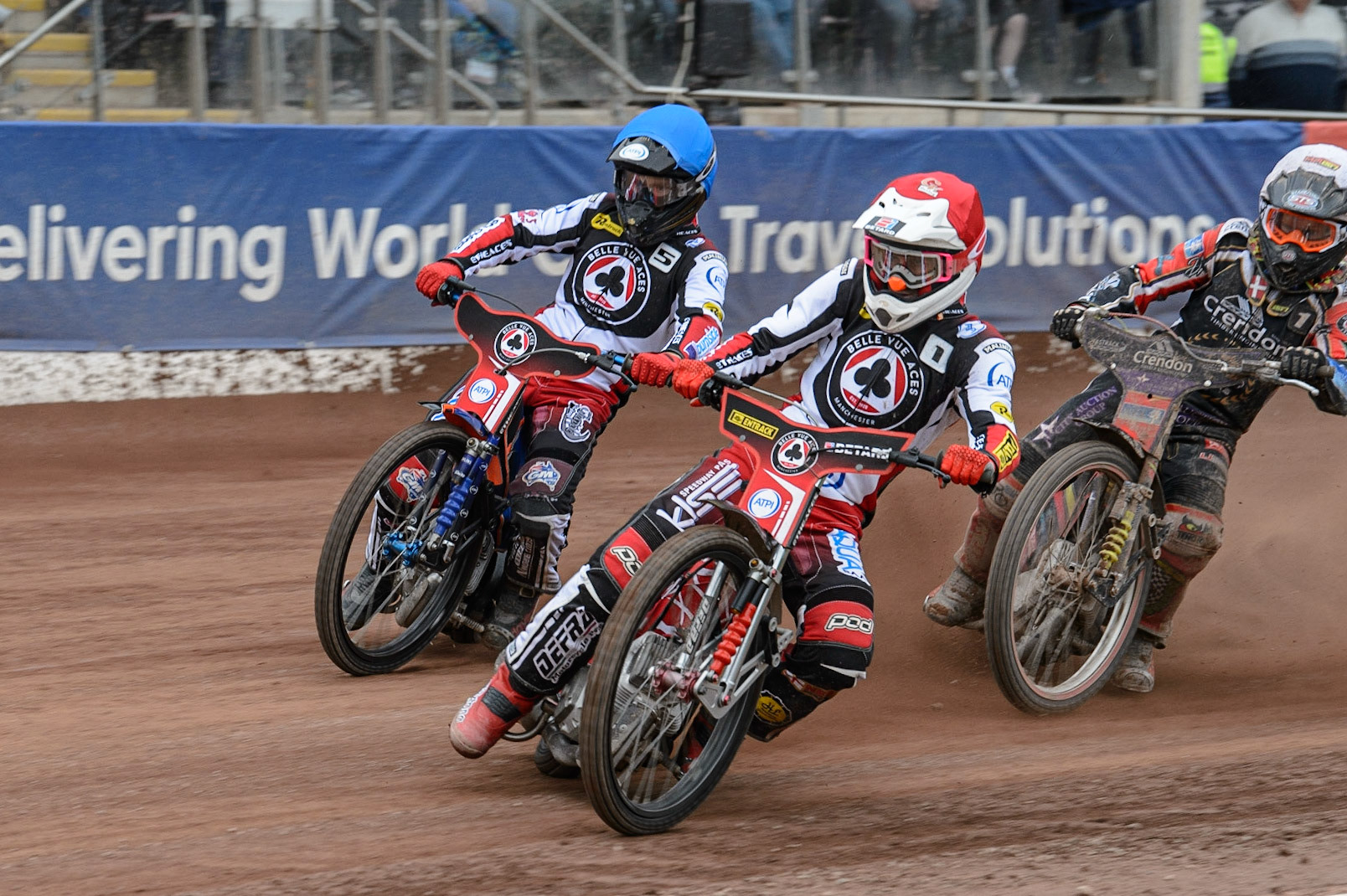 MANCHESTER, UK. MAY 2ND Max Fricke  (Red) leads Brady Kurtz  (Blue) and Michael Palm Toft (White)  during the SGB Premiership match between Belle Vue Aces and Peterborough at the National Speedway Stadium, Manchester on Monday 2nd May 2022. (Credit: Ian Charles | MI News)