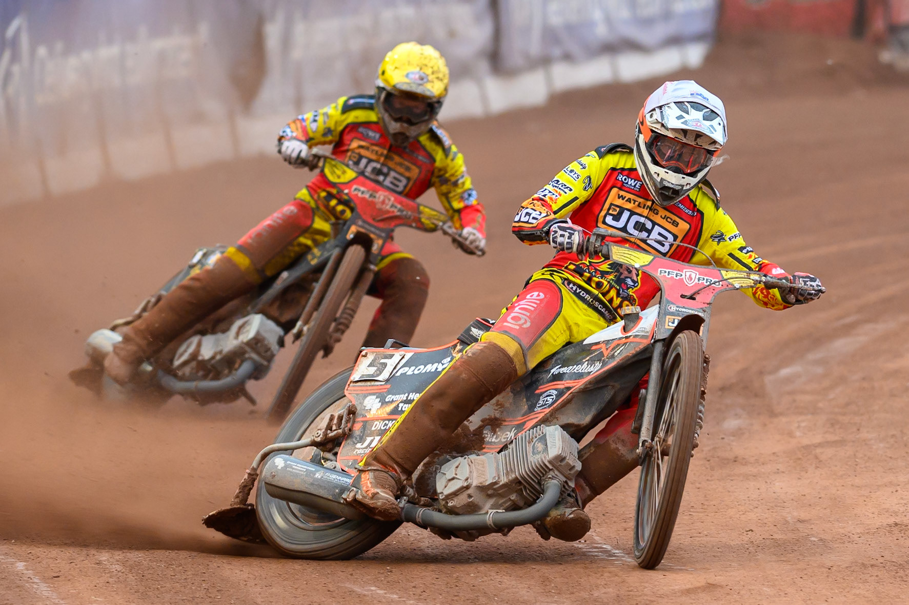 Sam Masters of Leicester Lions in White leading Kyle Howarth of Leicester Lions in Yellow during the Rowe Motor Oil Premiership match between Belle Vue Aces and Leicester Lions at the National Speedway Stadium, Manchester on Monday 15th June 2026. (Photo: Ian Charles | MI News)