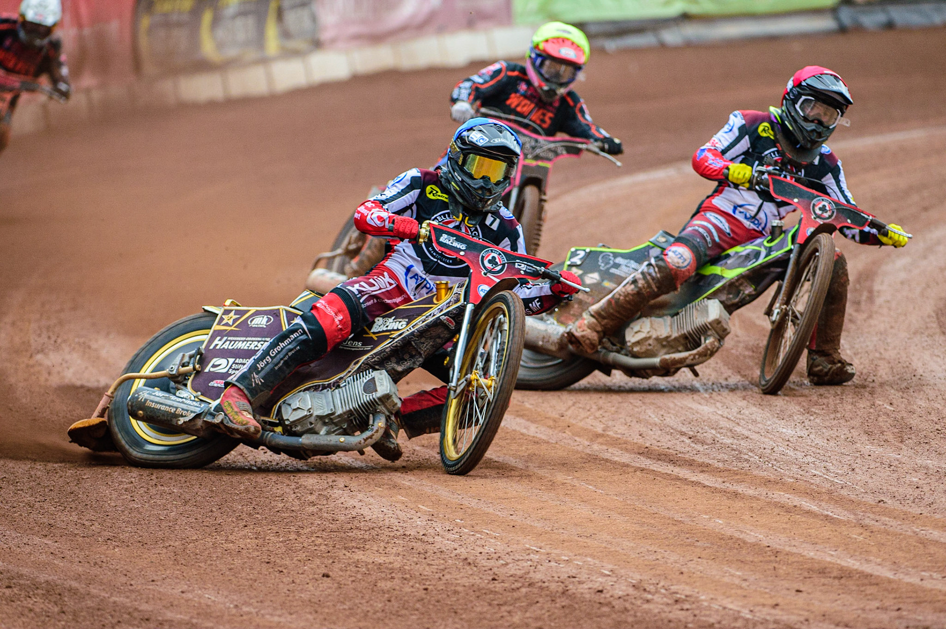 Norick Blödorn  (Blue) leads team mate Tom Brennan (Red)  and Leon Flint  (Yellow) during the SGB Premiership match between Belle Vue Aces and Wolverhampton Wolves at the National Speedway Stadium, Manchester on Monday 29th August 2022. (Credit: Ian Charles | MI News)