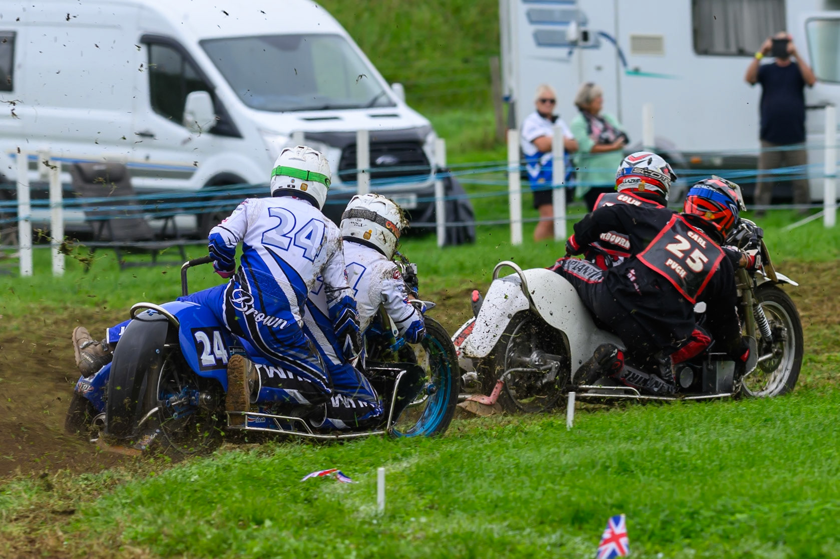 Terry Saunters/Liam Brown (24) chases Colin Blackbourn/Carl Pugh (25) during practice for  the British Masters Grasstrack Championship at Lower Marsh Farm, Much Hoole, Preston in Lancashire, England on Sunday 13th September 2026. (Photo: Ian Charles | MI News)