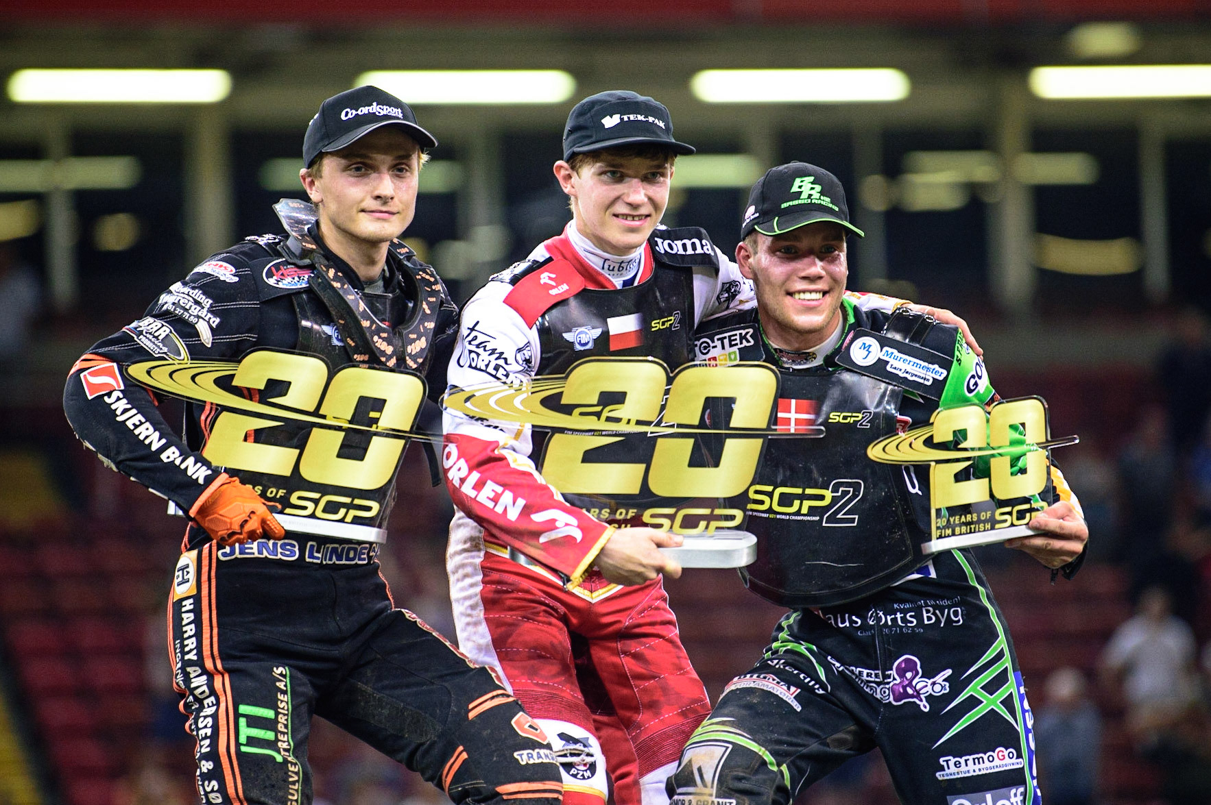 Top 3: (l - r) Kevin Juhl Pedersen (Denmark)   (2nd), Mateusz Cierniak (Poland)  (1st)Benjamin Basso (Denmark)  (3rd) during the FIM  Speedway Grand Prix  2 of Great Britain at the Principality Stadium, Cardiff on Sunday 14th August 2022. (Credit: Ian Charles | MI News)