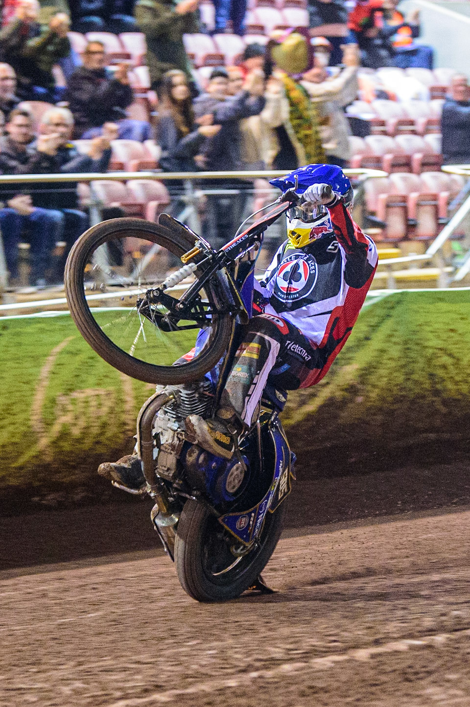 Robert Lambert celebrates with a wheelie during the SGB Premiership Semi Final 2nd Leg between Belle Vue Aces and Ipswich Witches at the National Speedway Stadium, Manchester on Monday 3rd October 2022. (Credit: Ian Charles | MI News)