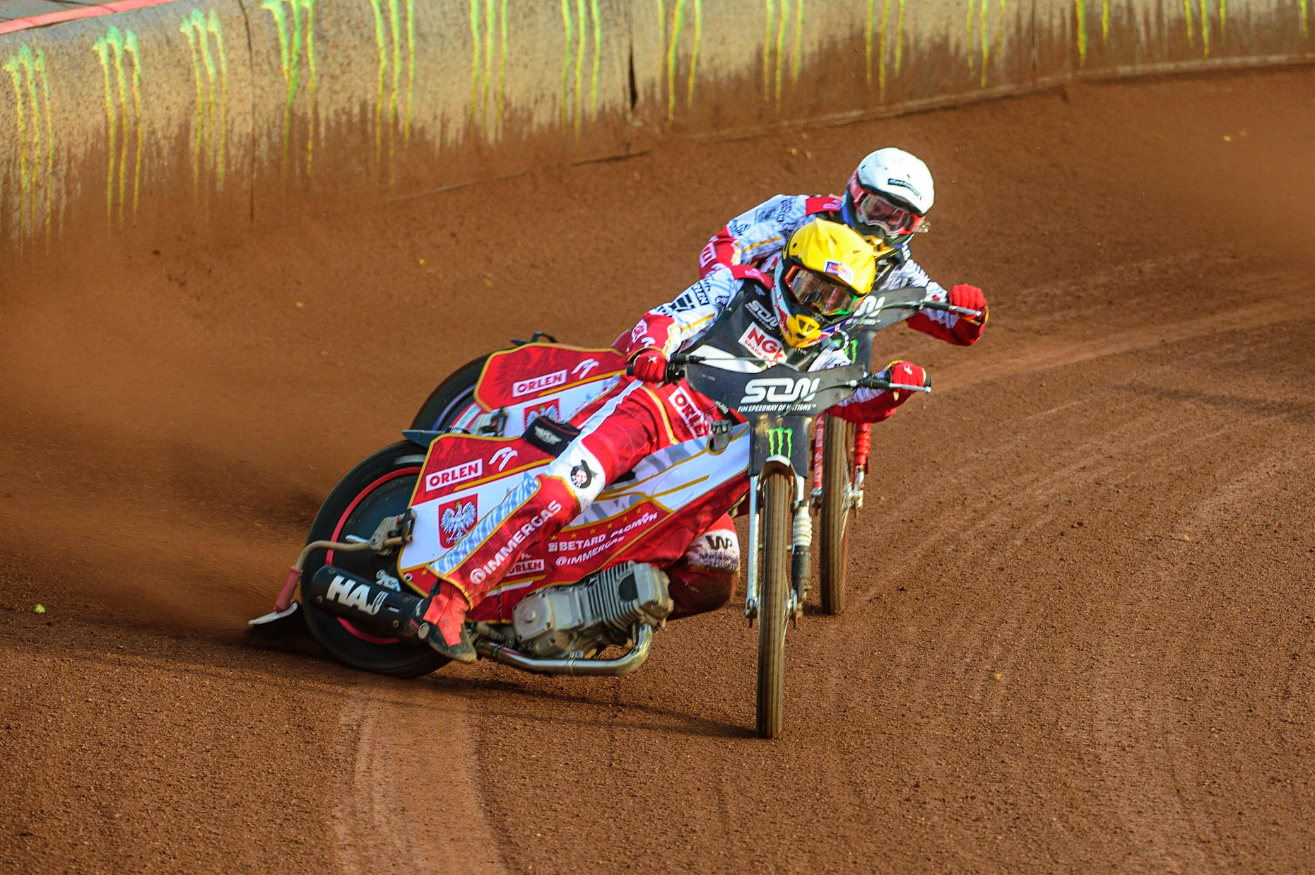MANCHESTER, UK. OCT 16TH Maciej Janowski of Poland (Yellow) leads team-mate Bartosz Zmarzlik of Poland (White) during the Monster Energy FIM Speedway of Nations at the National Speedway Stadium, Manchester on Saturday  16th October 2021. (Credit: Ian Charles | MI News)