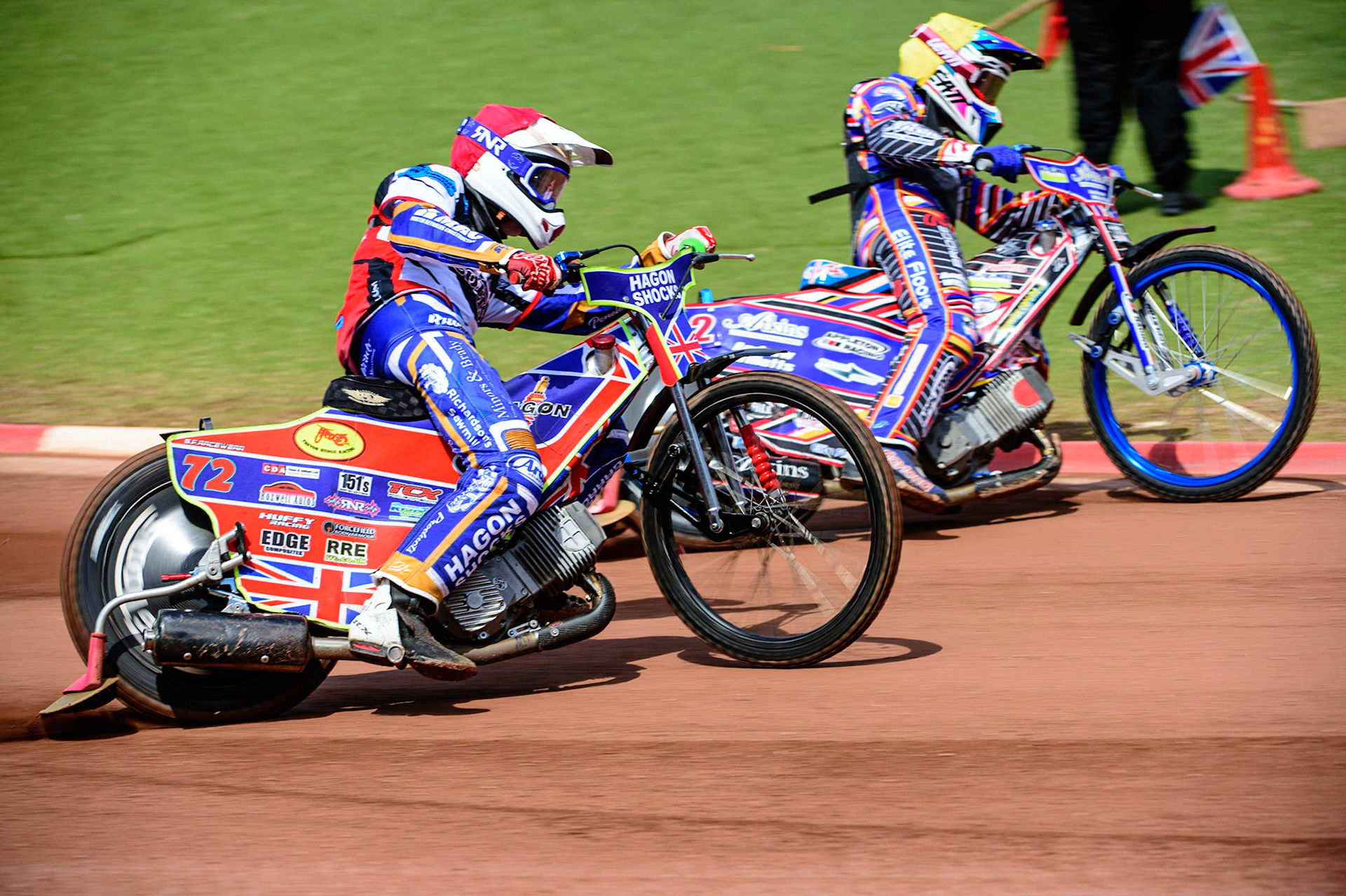 MANCHESTER, UK.  JUN 3RD  Jake Mulford  leads Henry Atkins  (Yellow) during the National Development League match between Belle Vue Colts and Oxford Chargers at the National Speedway Stadium, Manchester on Friday 3rd June 2022. (Credit: Ian Charles | MI News)