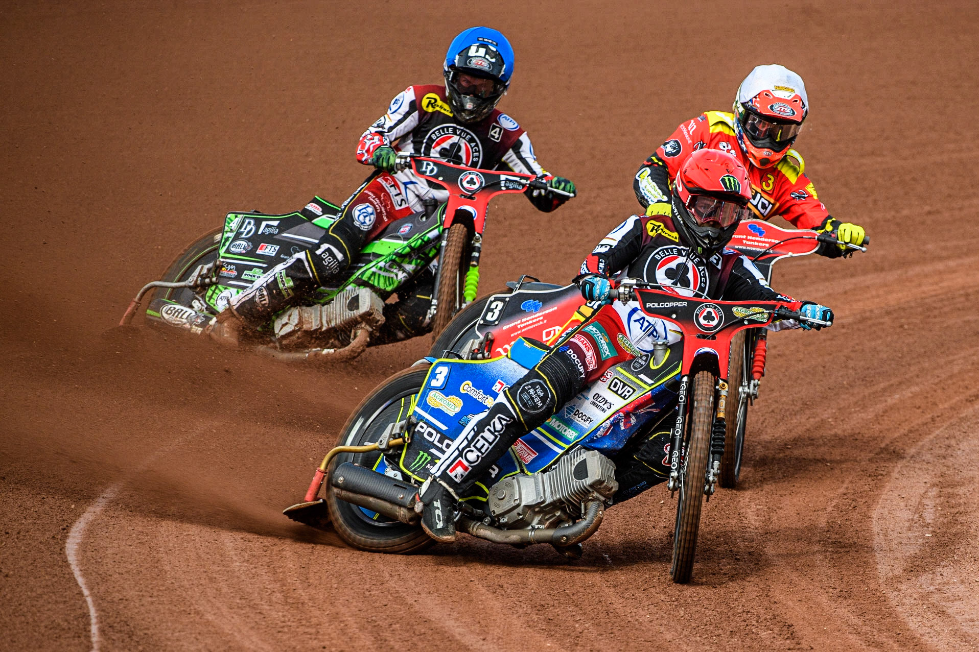 Jaimon Lidsey (Red) leads  Richie Worrall (White) and Charles Wright (Blue) during the Sports Insure Premiership match between Belle Vue Aces and Leicester Lions at the National Speedway Stadium, Manchester on Monday 28th August 2023. (Photo: Ian Charles | MI News)