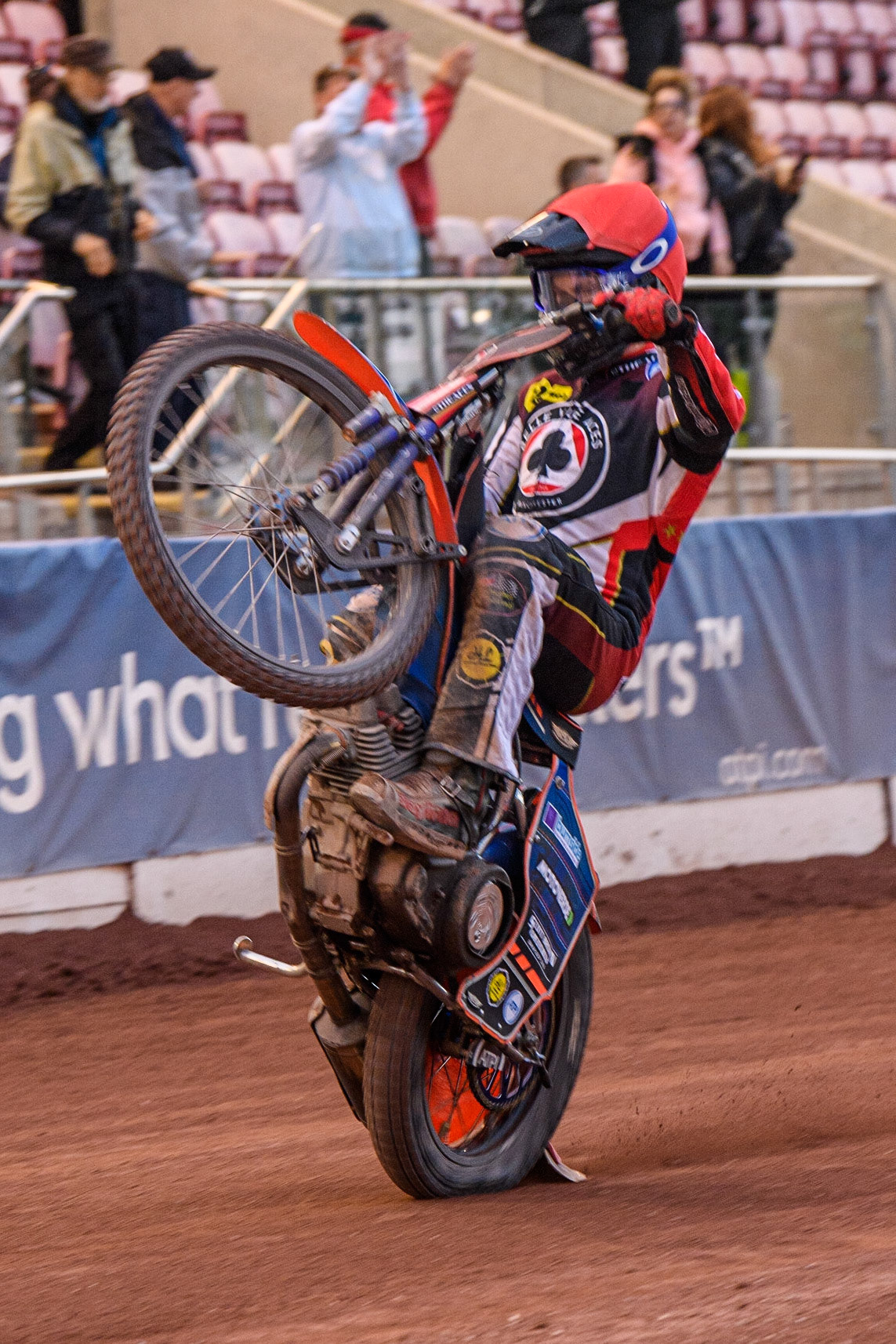 Brady Kurtz celebrates with a wheelie during the Sports Insure Premiership match between Belle Vue Aces and Wolverhampton Wolves at the National Speedway Stadium, Manchester on Monday 3rd July 2023. (Photo: Ian Charles | MI News)