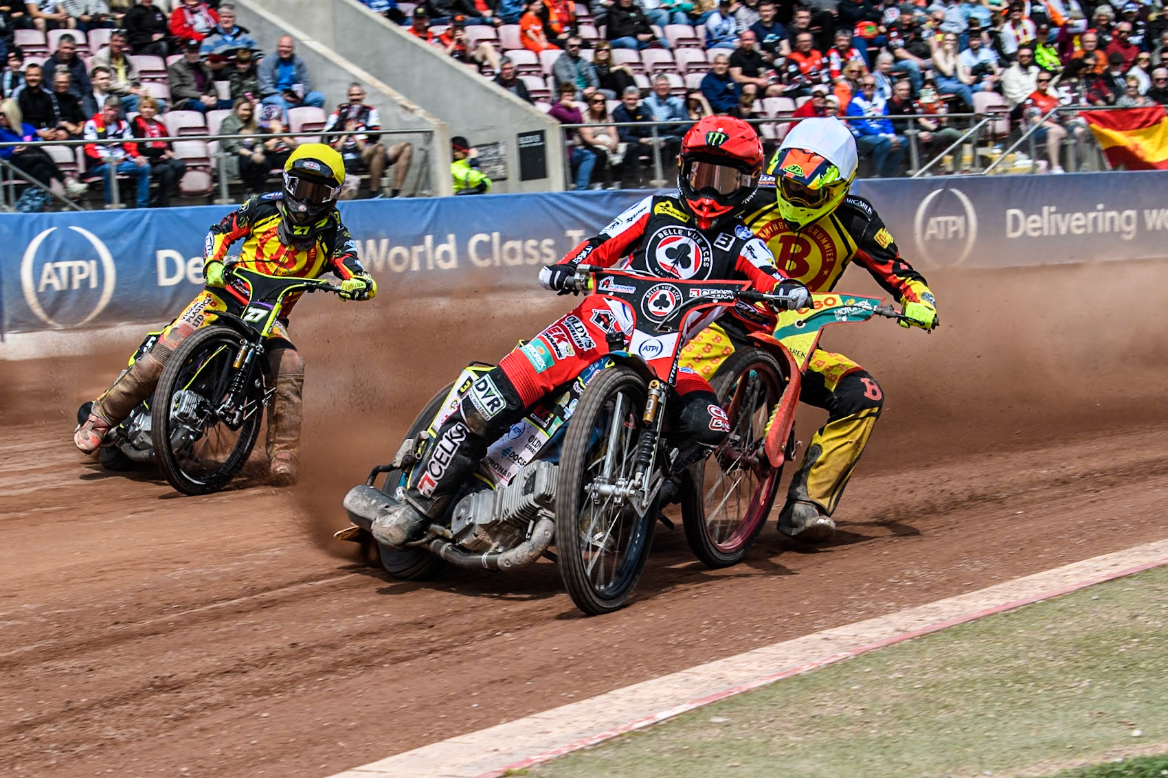 Belle Vue Aces' Jaimon Lidsey  in Red leading Birmingham Brummies' Vaclav Milik  in White and Birmingham Brummies' Tom Brennan  in Yellow during the Rowe Motor Oil Premiership match between Belle Vue Aces and Birmingham Brummies at the National Speedway Stadium, Manchester on Monday 6th May 2024. (Photo: Ian Charles | MI News)