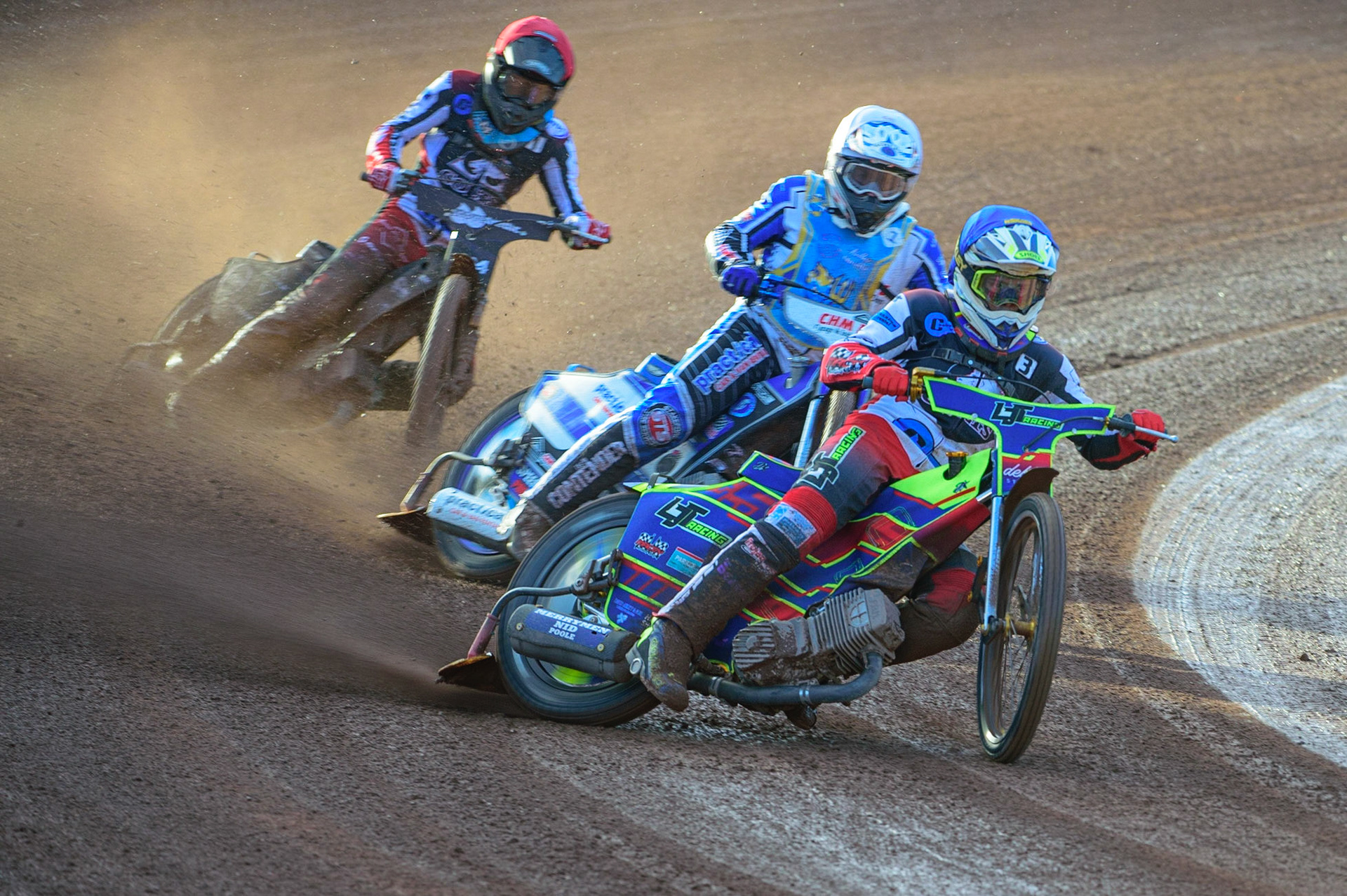 MANCHESTER, UK. MAY 27TH  Nathan Ablitt  (Blue) leads Danny Phillips   (White) and Harry McGurk  (Red) during the National Development League match between Belle Vue Colts and Armadale Devils at the National Speedway Stadium, Manchester on Friday 27th May 2022. (Credit: Ian Charles | MI News)