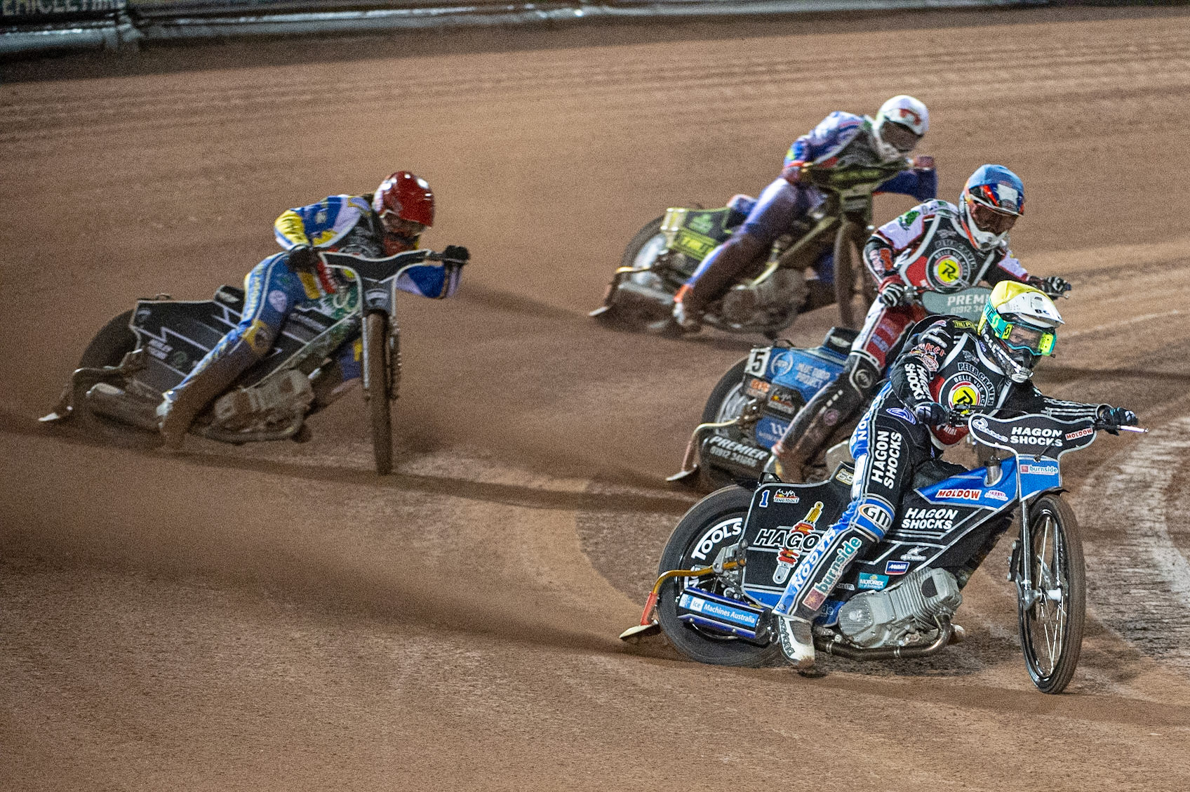 Photo: Ian CharlesJason Doyle (Yellow) leads Steve Worrall (Blue) Richard Lawson (Red) and Jason Crump (White)Peter Craven Memorial Trophy, National Speedway Stadium, Manchester Thursday  22  October  2020