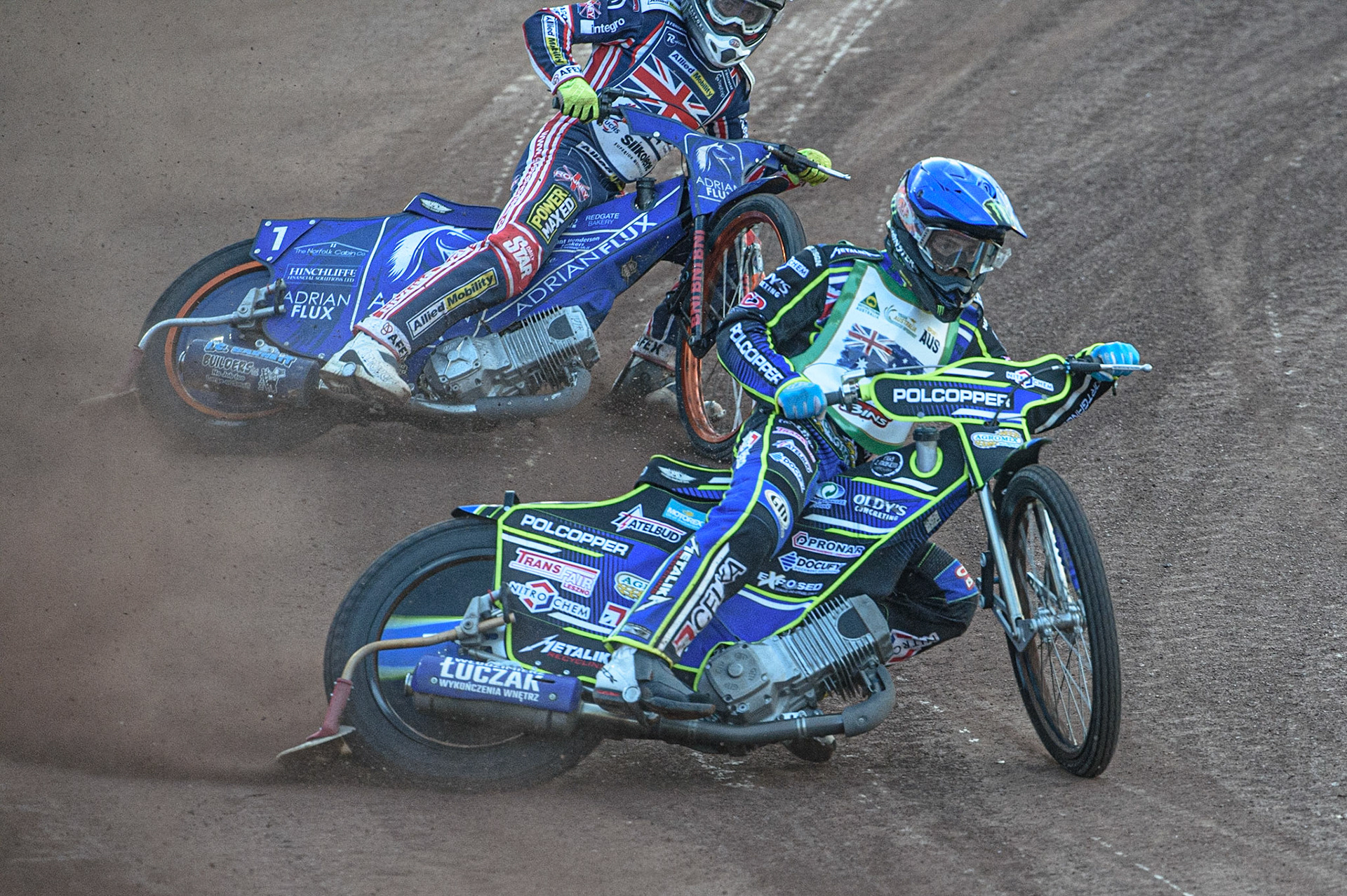 GLASGOW, UK. JUNE 19TH.  Jaimon Lidsey (Australia) (Blue) leads Lewis Kerr (Great Britain)  during the FIM Speedway Grand Prix Qualifying Round at the Peugeot Ashfield Stadium, Glasgow on Saturday 19th June 2021. (Credit: Ian Charles | MI News)
