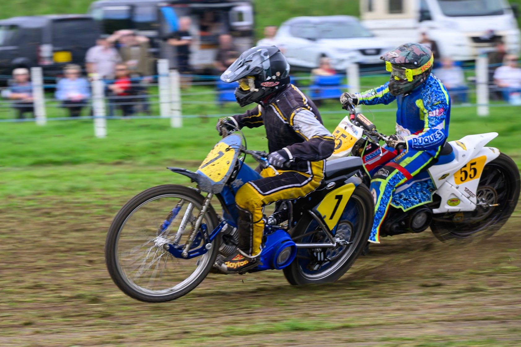 British Masters (Solos): Reserve Rider Tim Curnock (7) leading Thomas Vining (55) during the British Masters Grasstrack Championship at Lower Marsh Farm, Much Hoole, Preston in Lancashire, England on Sunday 13th September 2026. (Photo: Ian Charles | MI News)