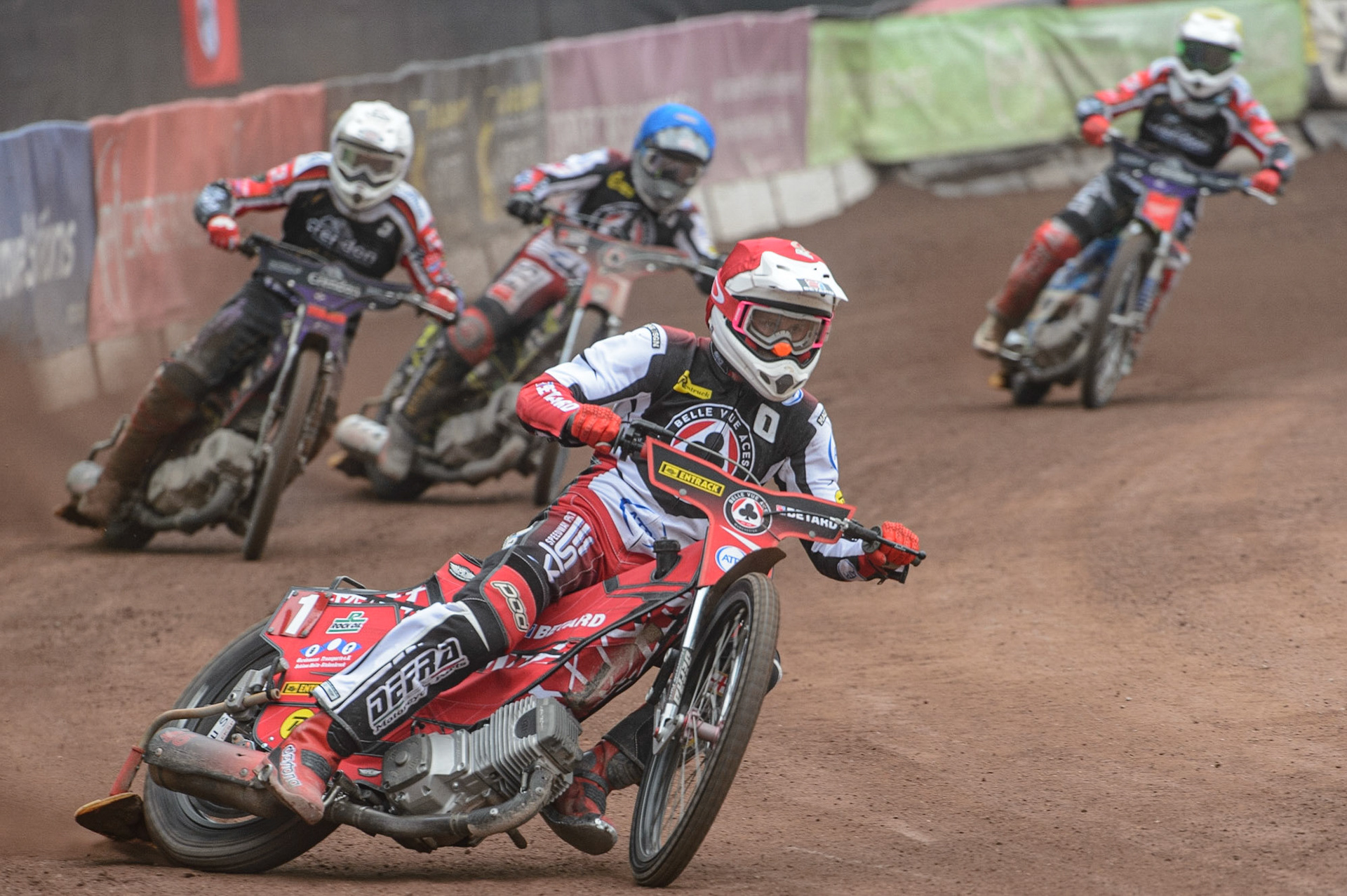 MANCHESTER, UK. MAY 2ND  Max Fricke  (Red) leads  Jye Etheridge   (Blue) Ulrich Ostergaard  (White) and Hans Andersen   (Yellow) during the SGB Premiership match between Belle Vue Aces and Peterborough at the National Speedway Stadium, Manchester on Monday 2nd May 2022. (Credit: Ian Charles | MI News)